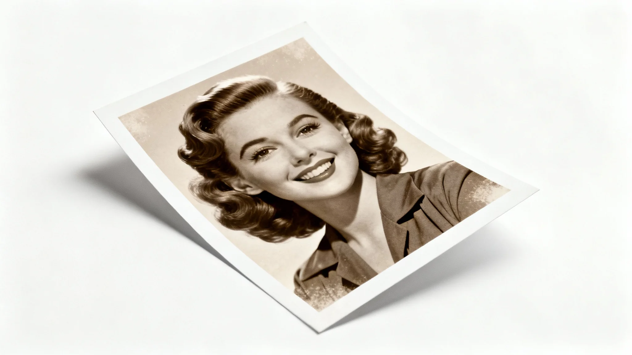 A vintage-style sepia photograph of a smiling woman from the 1940s, presented as a physical print mockup on a clean white background.