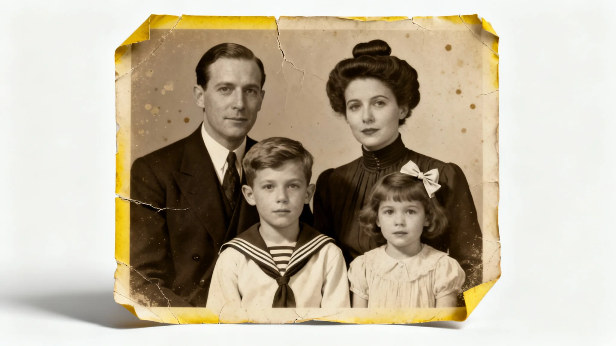 A mockup of a sepia-toned vintage photograph from the 1920s showing a formally dressed family. The physical photo appears old and creased, resting on a white background.