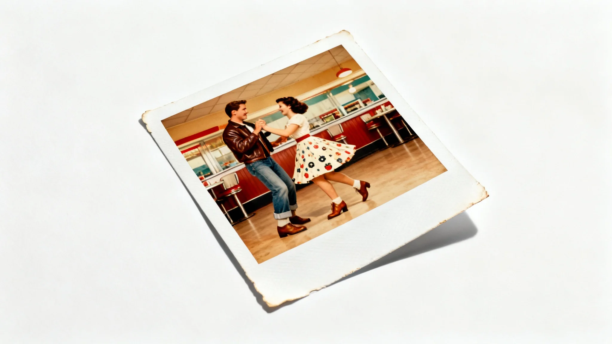 A mockup of a vintage 1950s color photograph showing a couple dancing in a diner, displayed on a clean white background to showcase the vintage photo effect.