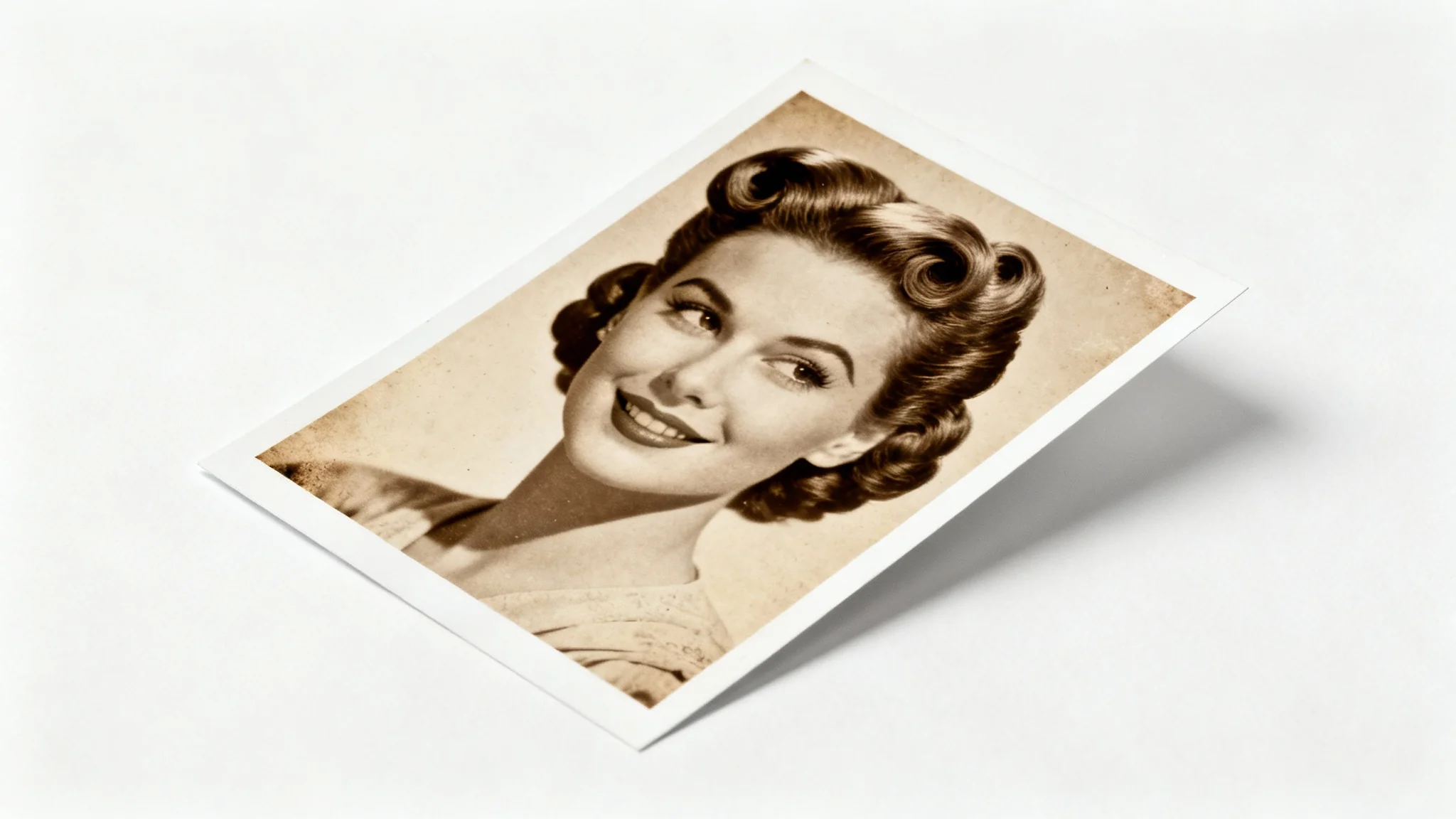 A vintage-style sepia photograph of a woman from the 1940s with a classic hairstyle, displayed as a mockup on a clean white background, illustrating a vintage photo effect.