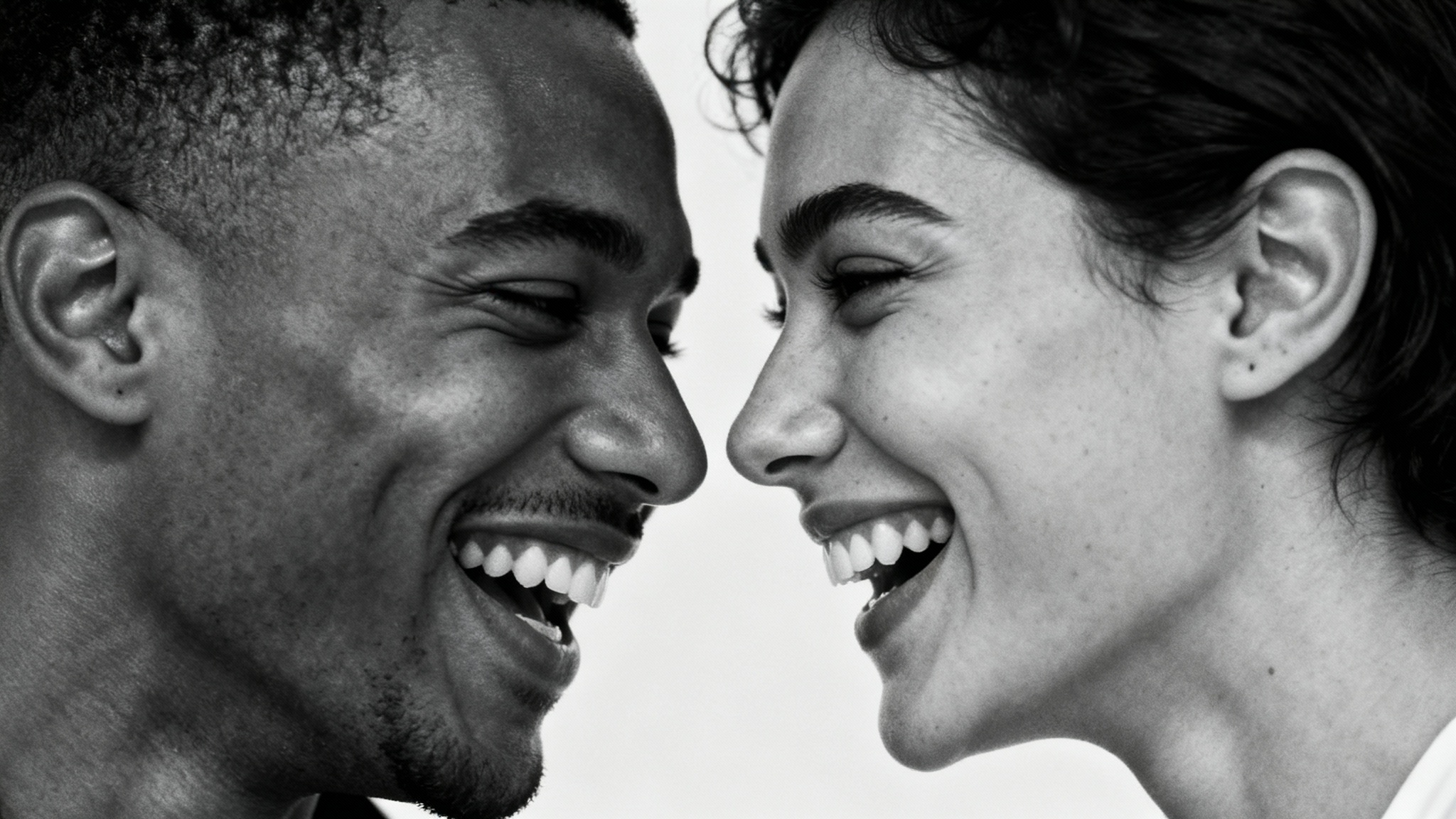 A beautiful, high-contrast black and white close-up photo of a happy couple laughing together.