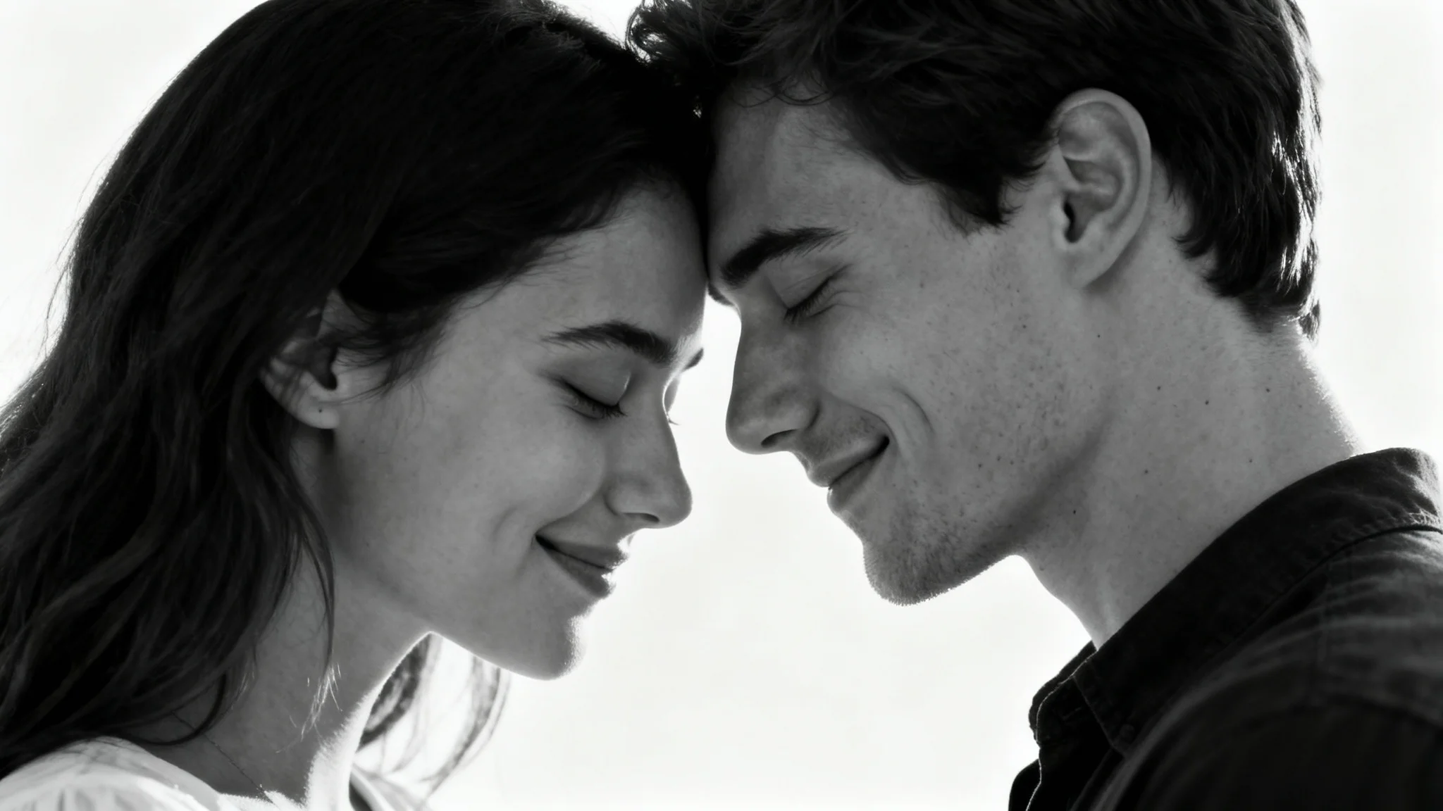 A close-up black and white photograph of a man and a woman in a loving embrace, their foreheads touching and eyes closed, smiling softly against a plain white background.