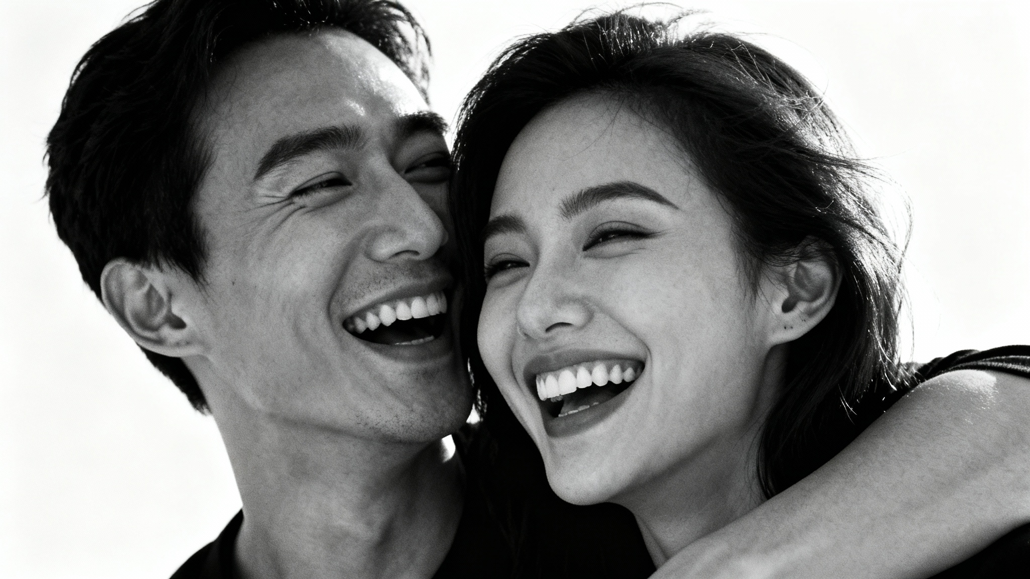 A romantic black and white close-up photo of a young couple laughing together affectionately against a plain white background.