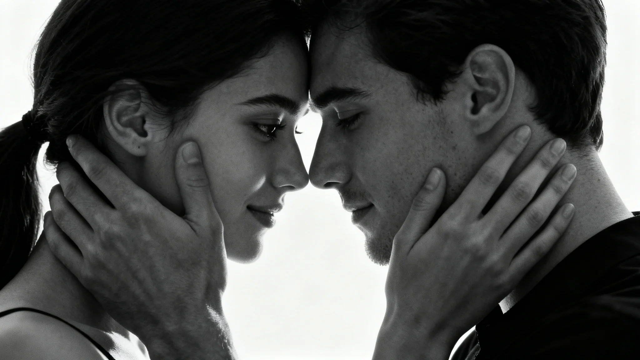 A romantic, black and white close-up photo of a couple touching foreheads and smiling gently against a plain white background.