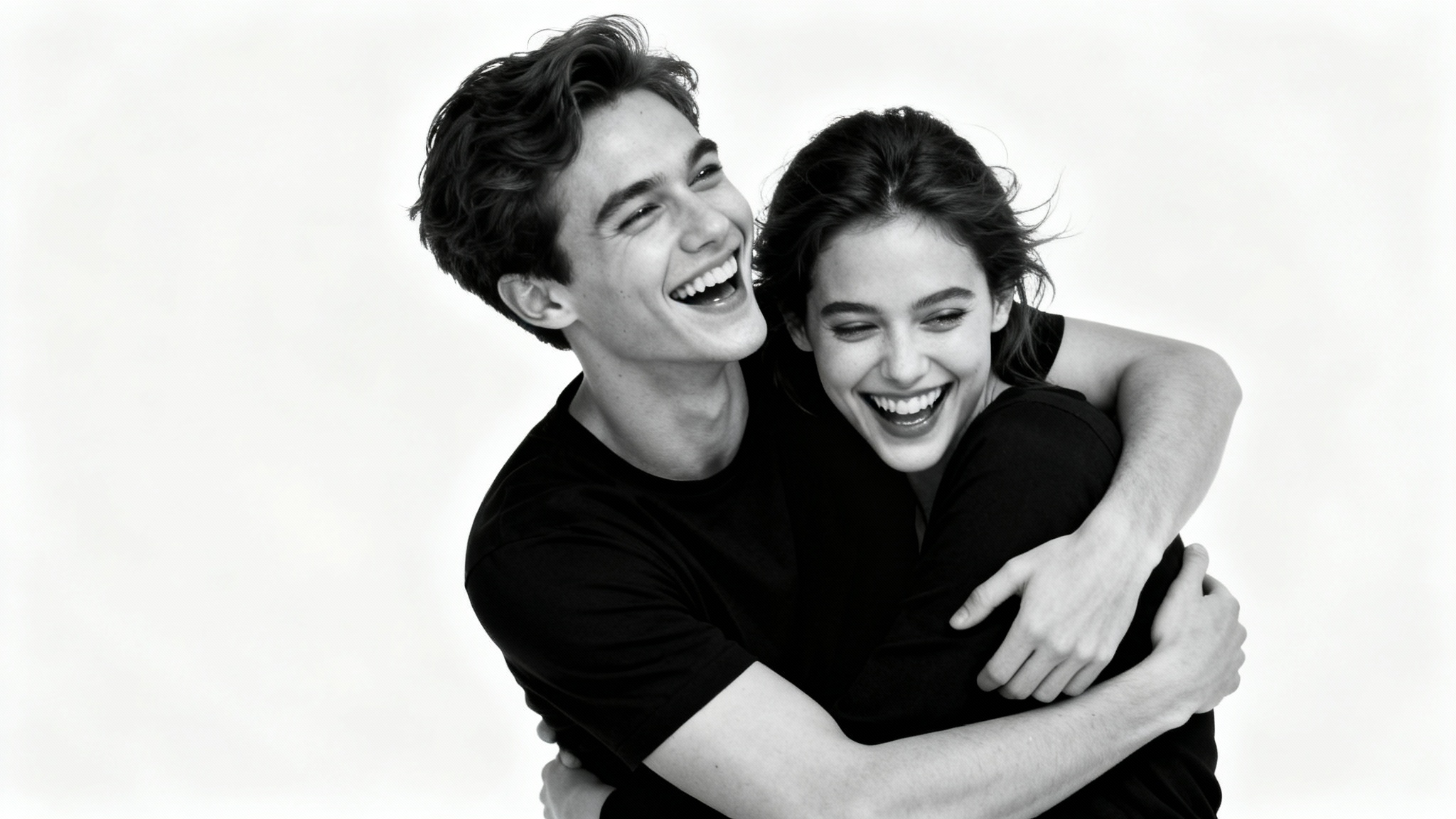 A romantic black and white studio photograph of a happy young couple laughing and embracing against a clean white background.