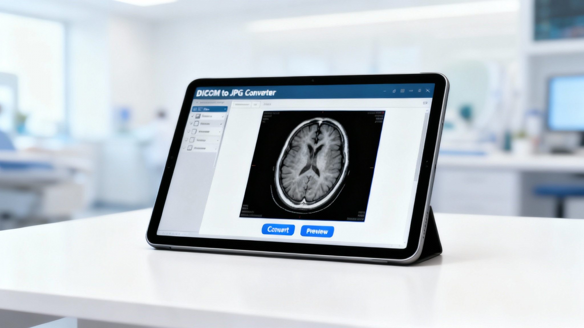 A sleek tablet displaying a high-quality JPG of a brain MRI scan, demonstrating the final result of a DICOM to JPG converter. The image is clear and detailed, shown in a professional medical setting.
