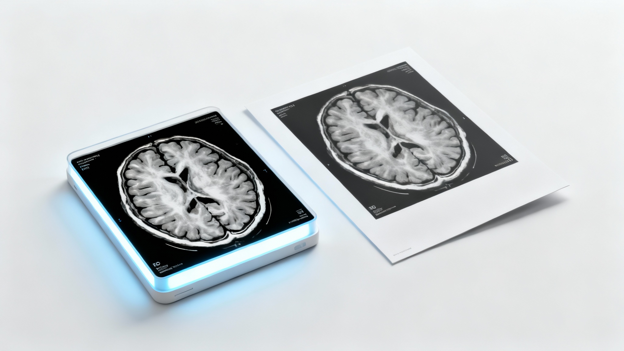 A conceptual image showing the conversion of a digital DICOM brain scan into a physical JPG photograph, displayed side-by-side on a clean white background.