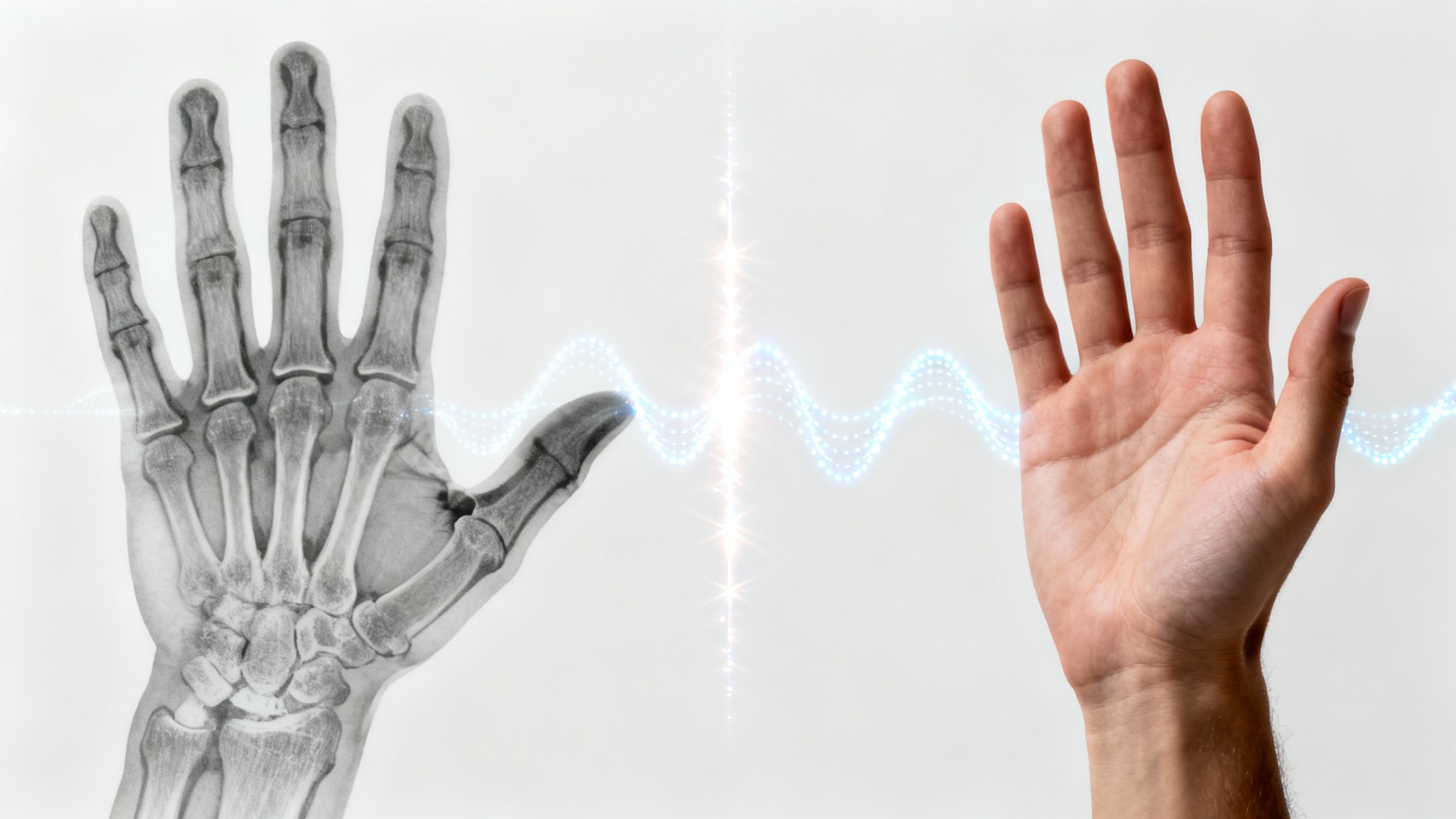 A conceptual image showing an X-ray of a human hand on the left transforming into a full-color, photorealistic image of a hand on the right, symbolizing a file conversion.