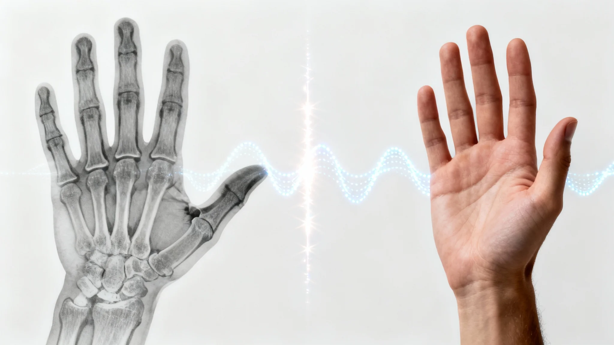 A conceptual image showing an X-ray of a human hand on the left transforming into a full-color, photorealistic image of a hand on the right, symbolizing a file conversion.