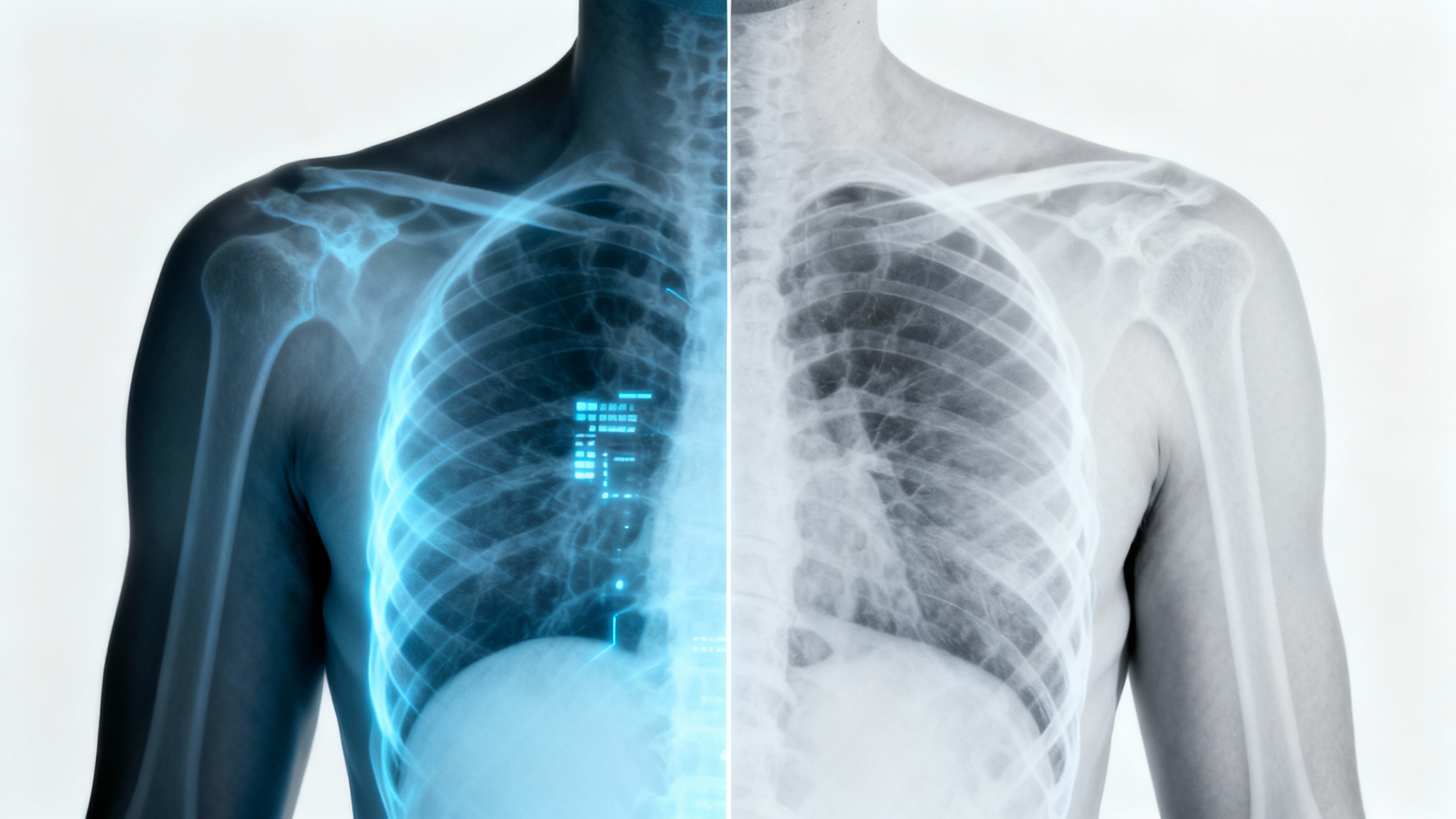 A conceptual image illustrating a DICOM to JPG conversion. A chest X-ray is split in two: the left side glows like a digital medical scan, and the right side looks like a high-quality, printed photograph, all on a clean white background.