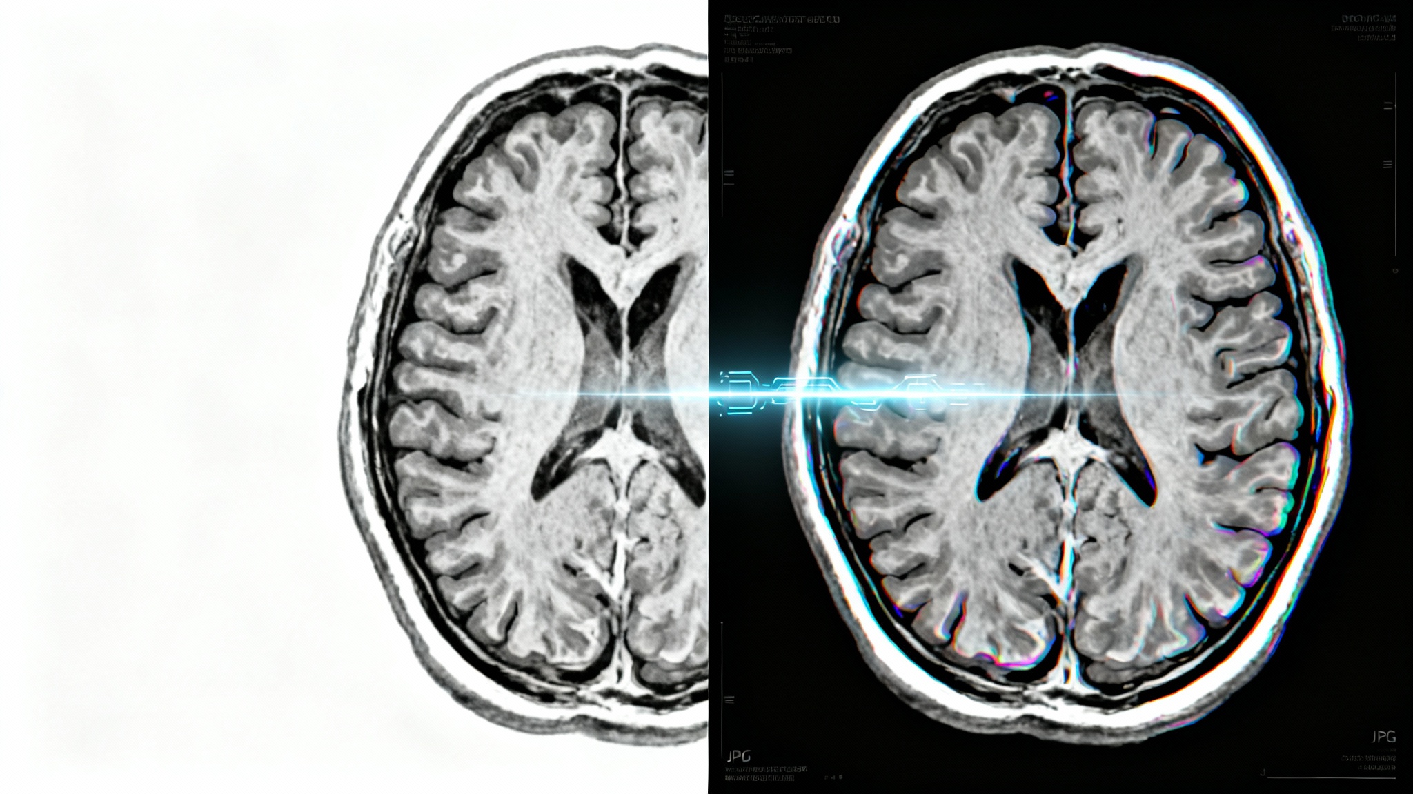 A side-by-side comparison of a medical brain scan, showing the transformation from a complex grayscale DICOM image on the left to a clear, color-enhanced JPG image on the right, against a white background.