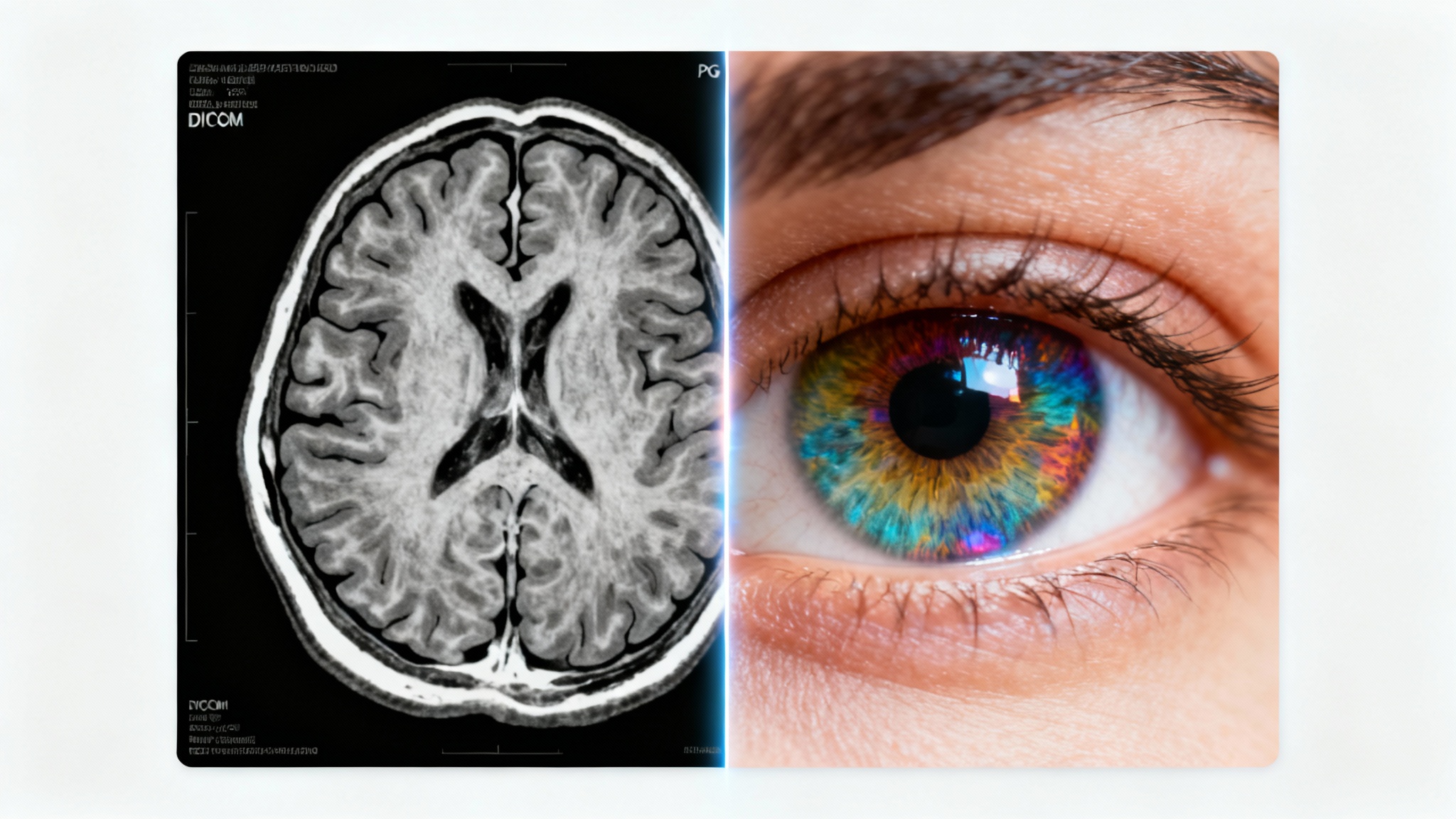 A conceptual image showing the conversion from DICOM to JPG. On the left is a black-and-white MRI scan of a brain, and on the right is a vibrant, full-color close-up of a human eye, separated by a glowing line.