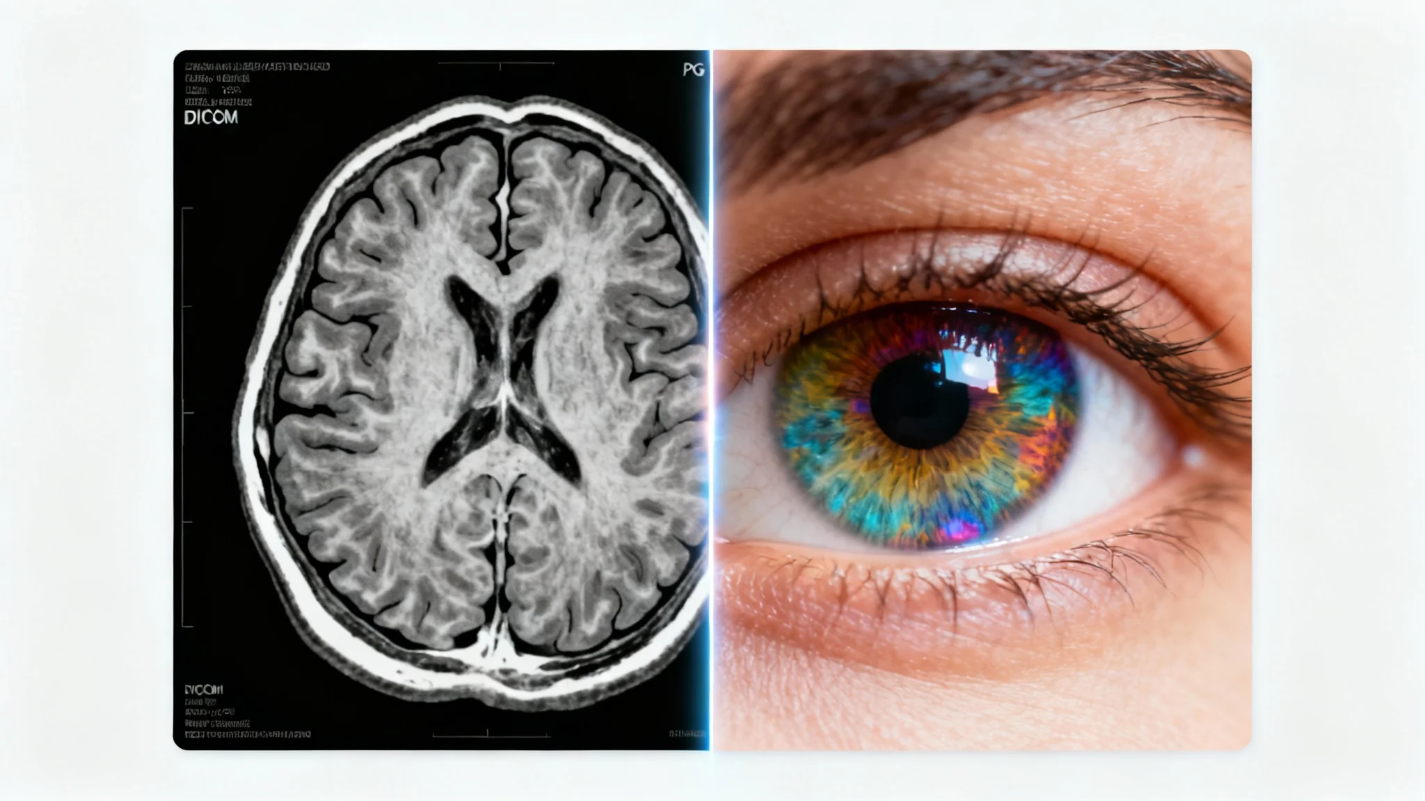 A conceptual image showing the conversion from DICOM to JPG. On the left is a black-and-white MRI scan of a brain, and on the right is a vibrant, full-color close-up of a human eye, separated by a glowing line.