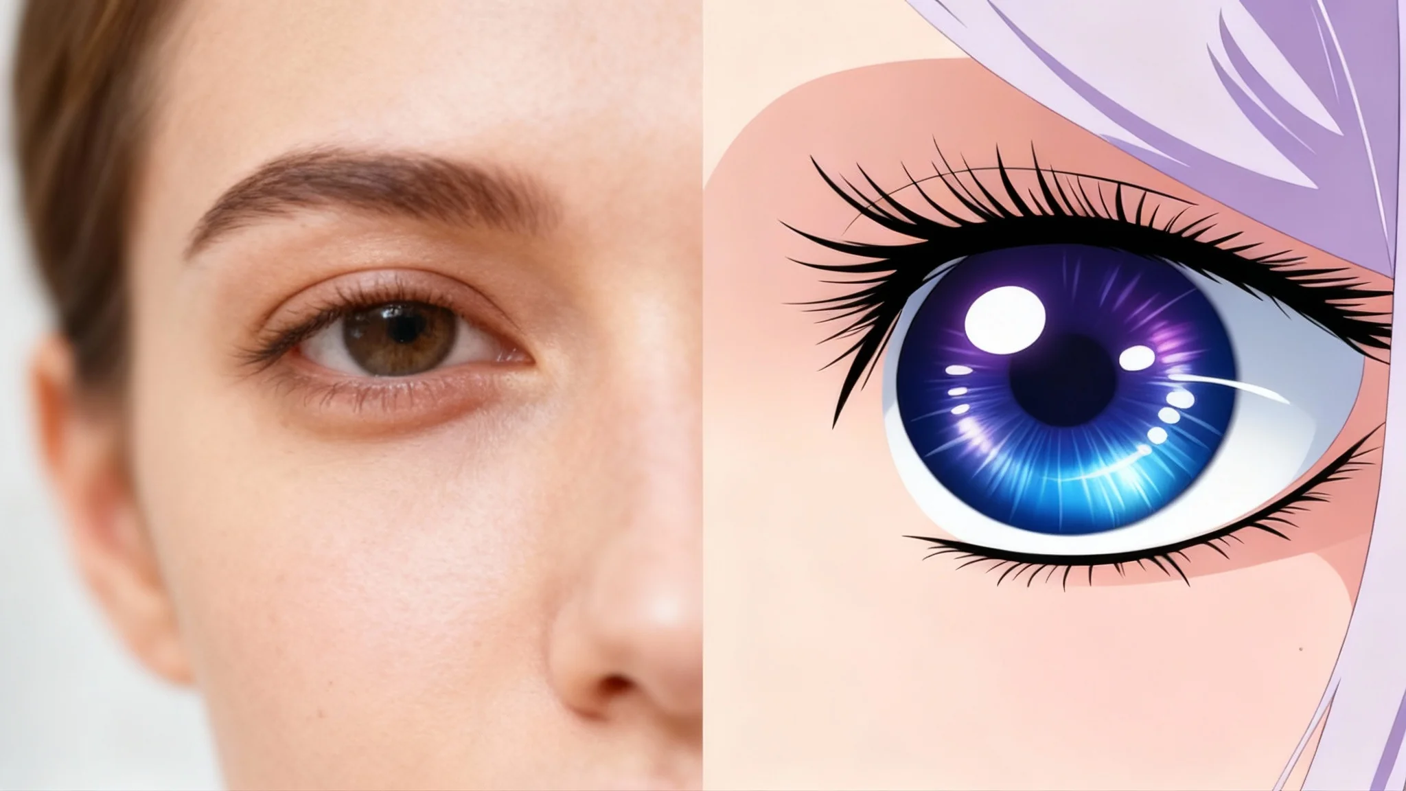 A close-up portrait of a face, split in half to show a before-and-after effect. The left side is a realistic photo with a natural eye, while the right side shows the eye transformed into a large, sparkling blue anime-style eye.
