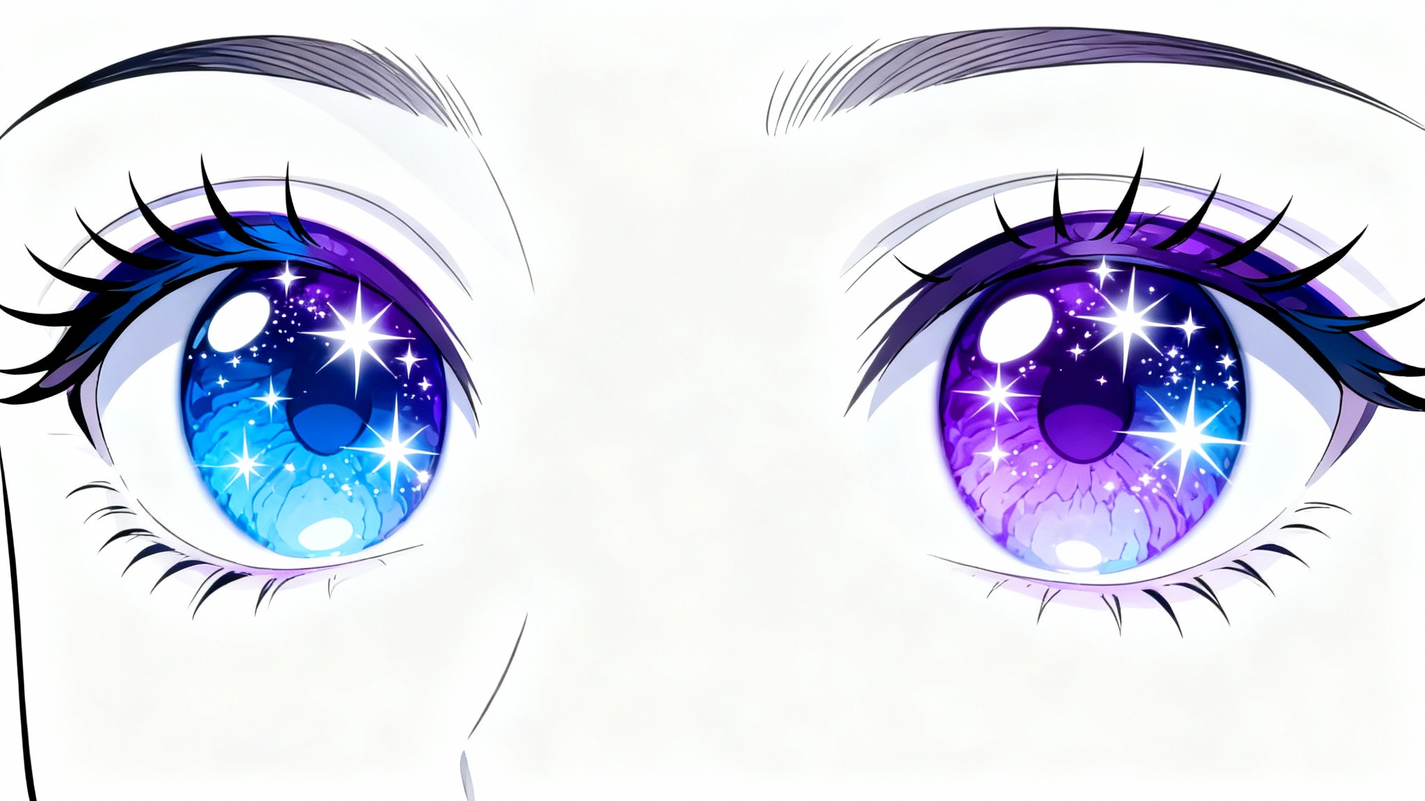 A detailed, high-quality digital illustration showing an extreme close-up of a pair of anime-style eyes with vibrant blue and purple irises against a plain white background.