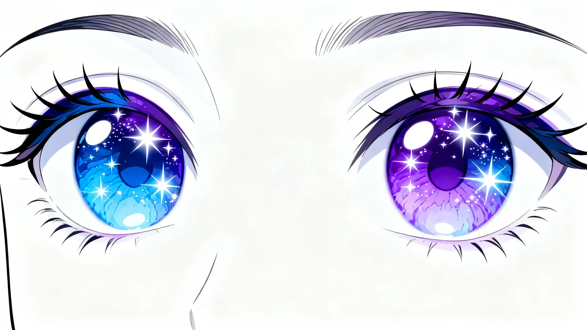 A detailed, high-quality digital illustration showing an extreme close-up of a pair of anime-style eyes with vibrant blue and purple irises against a plain white background.