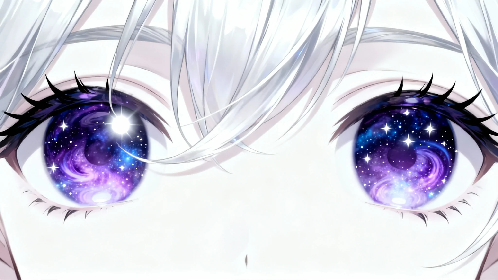 A detailed close-up of a pair of anime-style eyes with a vibrant purple and blue galaxy pattern in the irises, set against a plain white background.