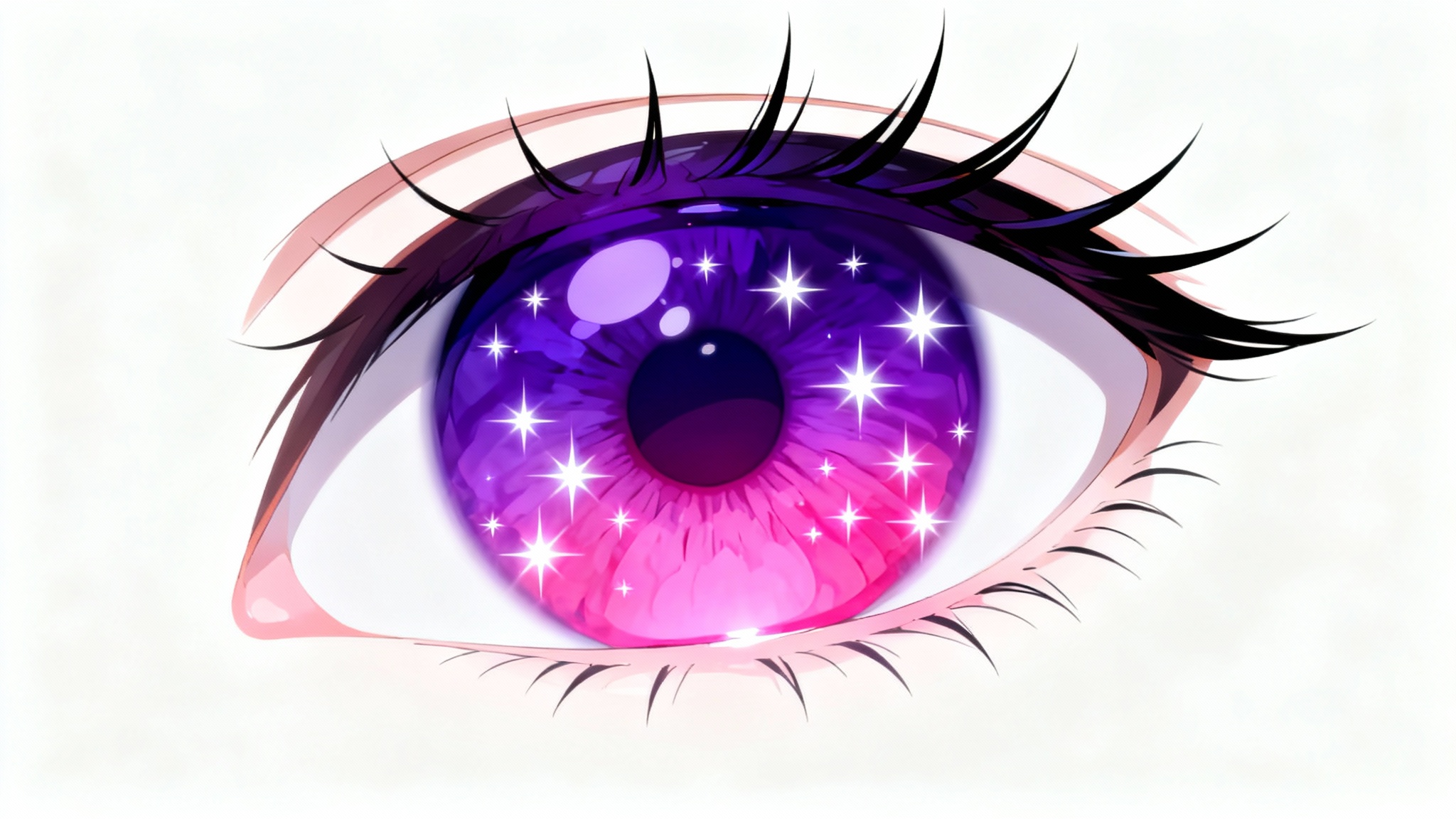 A detailed, high-quality digital illustration of a single female anime eye with a sparkling purple and pink iris, set against a plain white background.