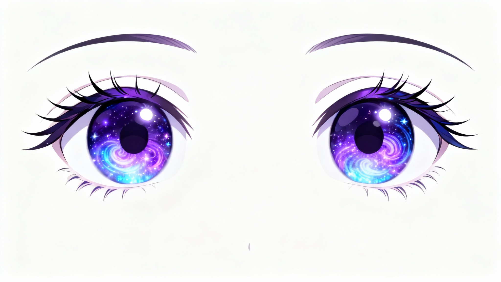 A hyper-detailed macro shot of a pair of beautiful anime eyes with swirling purple and blue galaxy irises, set against a clean white background.