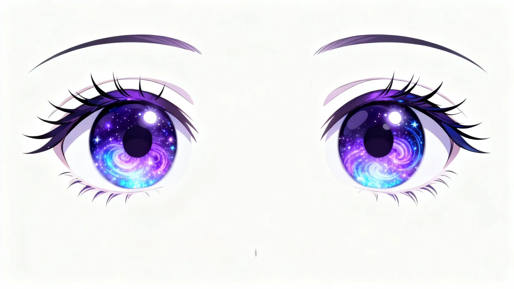 A hyper-detailed macro shot of a pair of beautiful anime eyes with swirling purple and blue galaxy irises, set against a clean white background.
