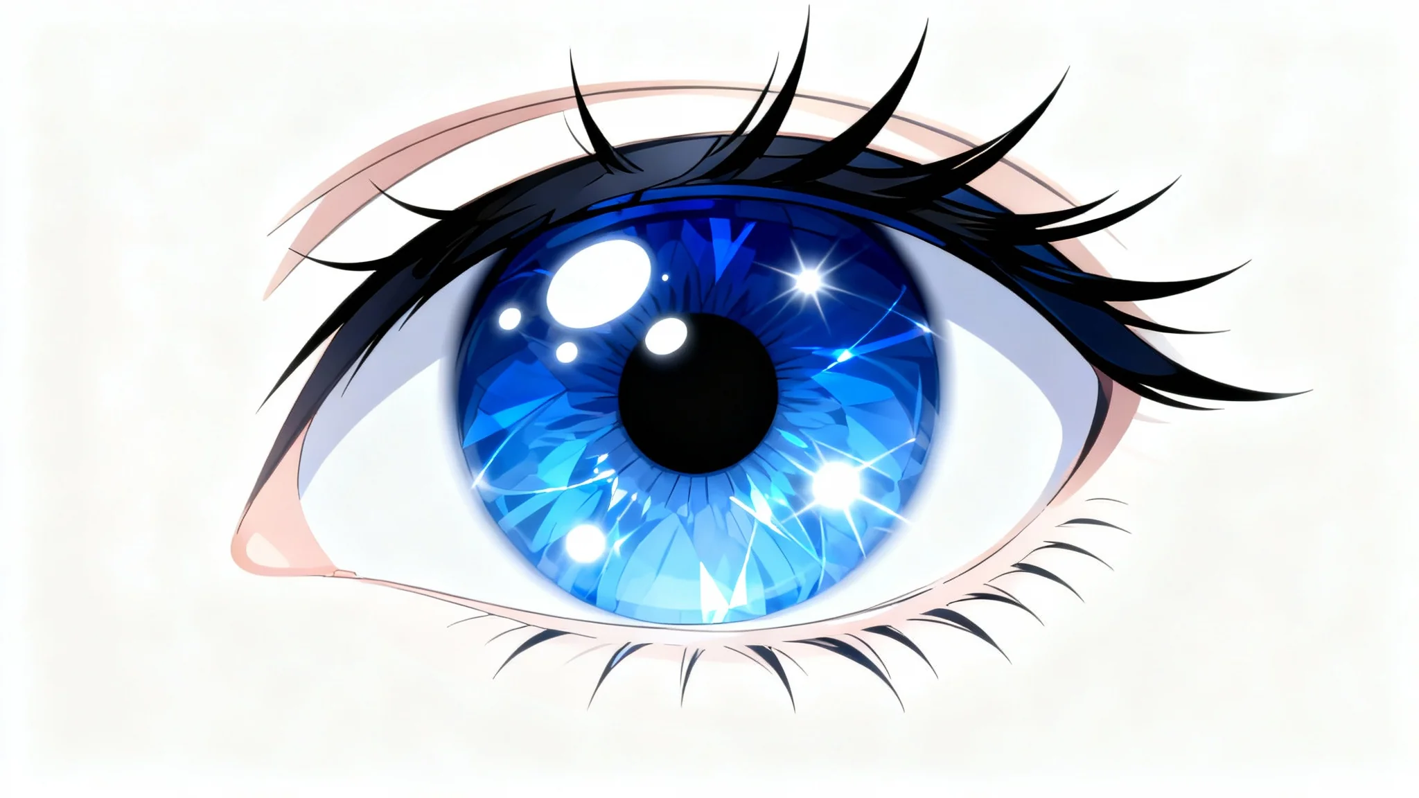 An extreme close-up of a single, beautifully rendered anime-style eye with a vibrant blue iris and long black eyelashes, isolated on a white background.