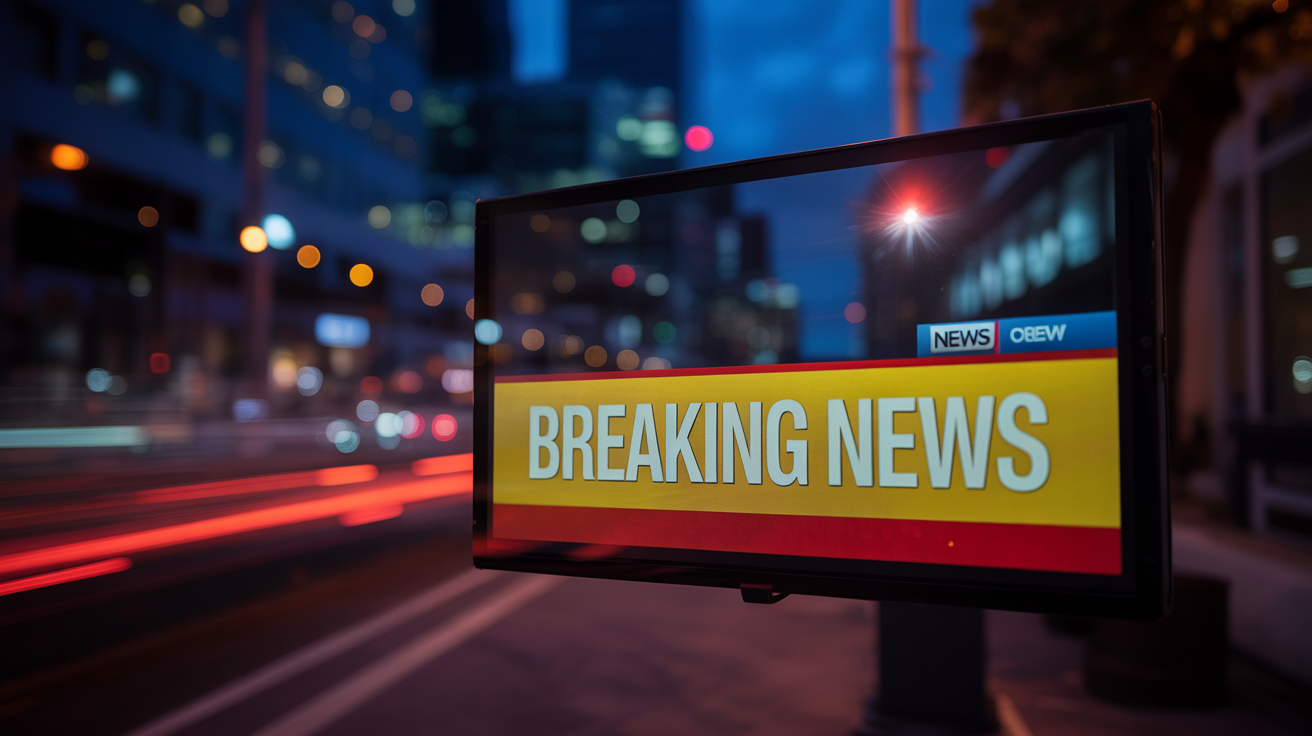 A polished screenshot from a breaking news broadcast, featuring a bright yellow lower-third banner with the words 'BREAKING NEWS' in bold white text. The background shows a blurry city skyline at night, creating a professional and urgent feel.