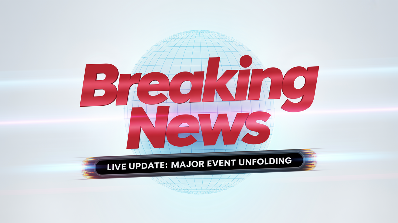 A still frame from a professional breaking news animation, featuring the bold red text 'BREAKING NEWS' and a live update ticker, set against a stylized globe graphic.