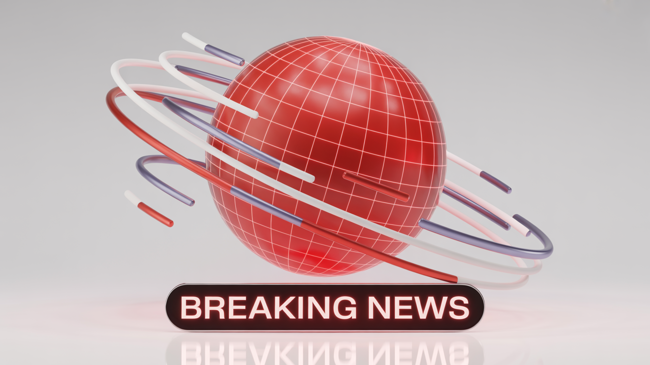A 3D graphic representing a breaking news animation, featuring a red globe surrounded by digital light streaks and a banner with the text 'BREAKING NEWS'.