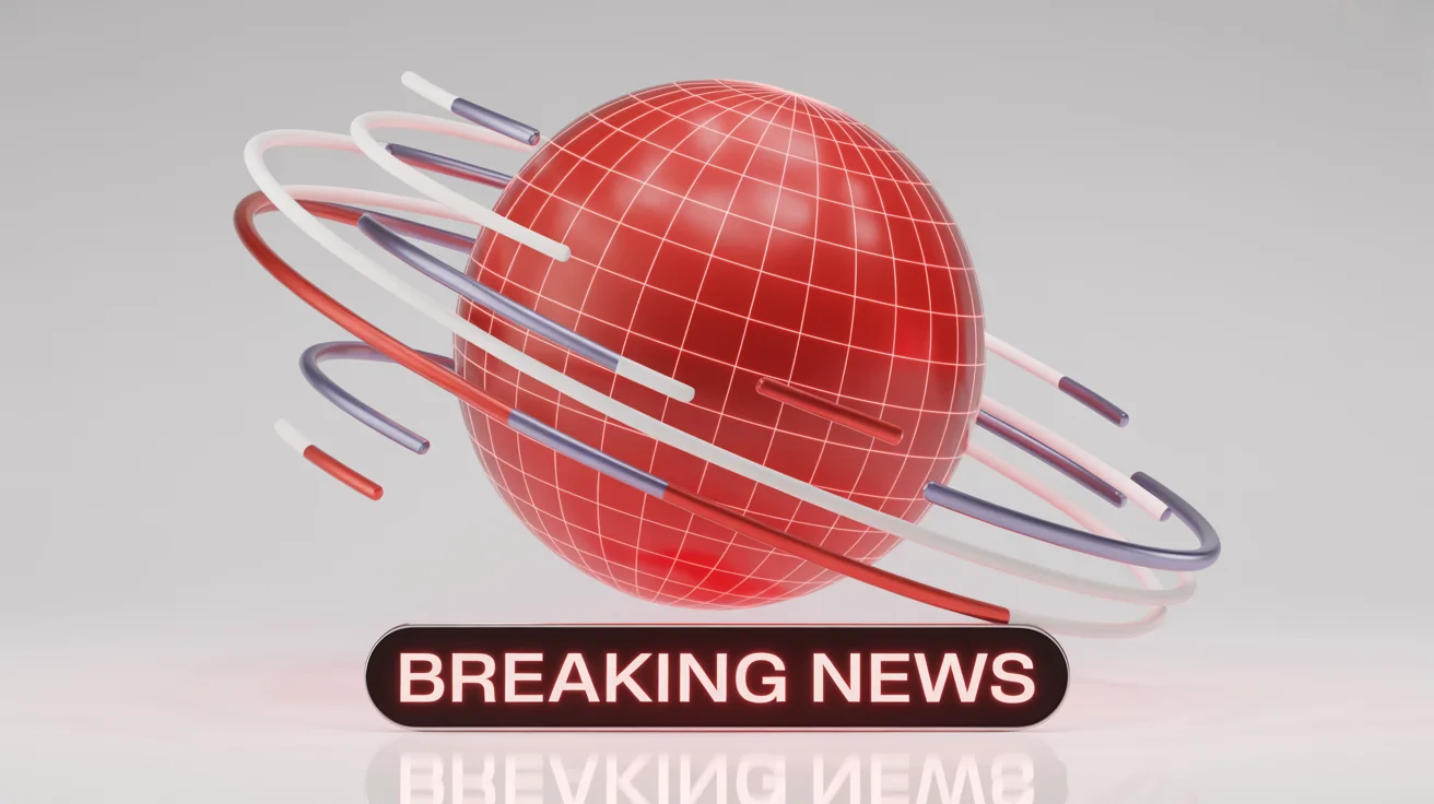 A 3D graphic representing a breaking news animation, featuring a red globe surrounded by digital light streaks and a banner with the text 'BREAKING NEWS'.
