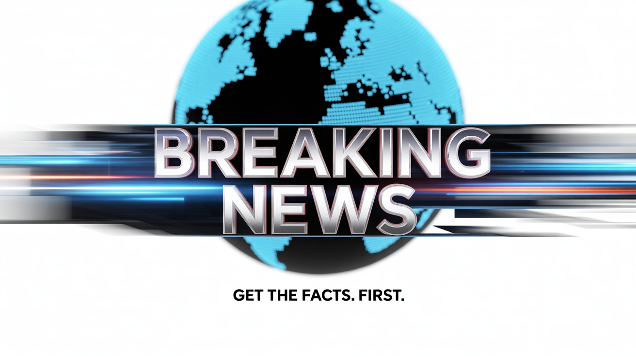 A dynamic 3D graphic for a breaking news segment, featuring the words 'Breaking News' in bold red and white against an abstract globe and light streaks, on a white background.