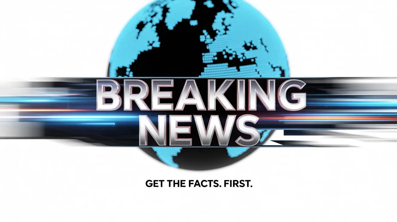 A dynamic 3D graphic for a breaking news segment, featuring the words 'Breaking News' in bold red and white against an abstract globe and light streaks, on a white background.