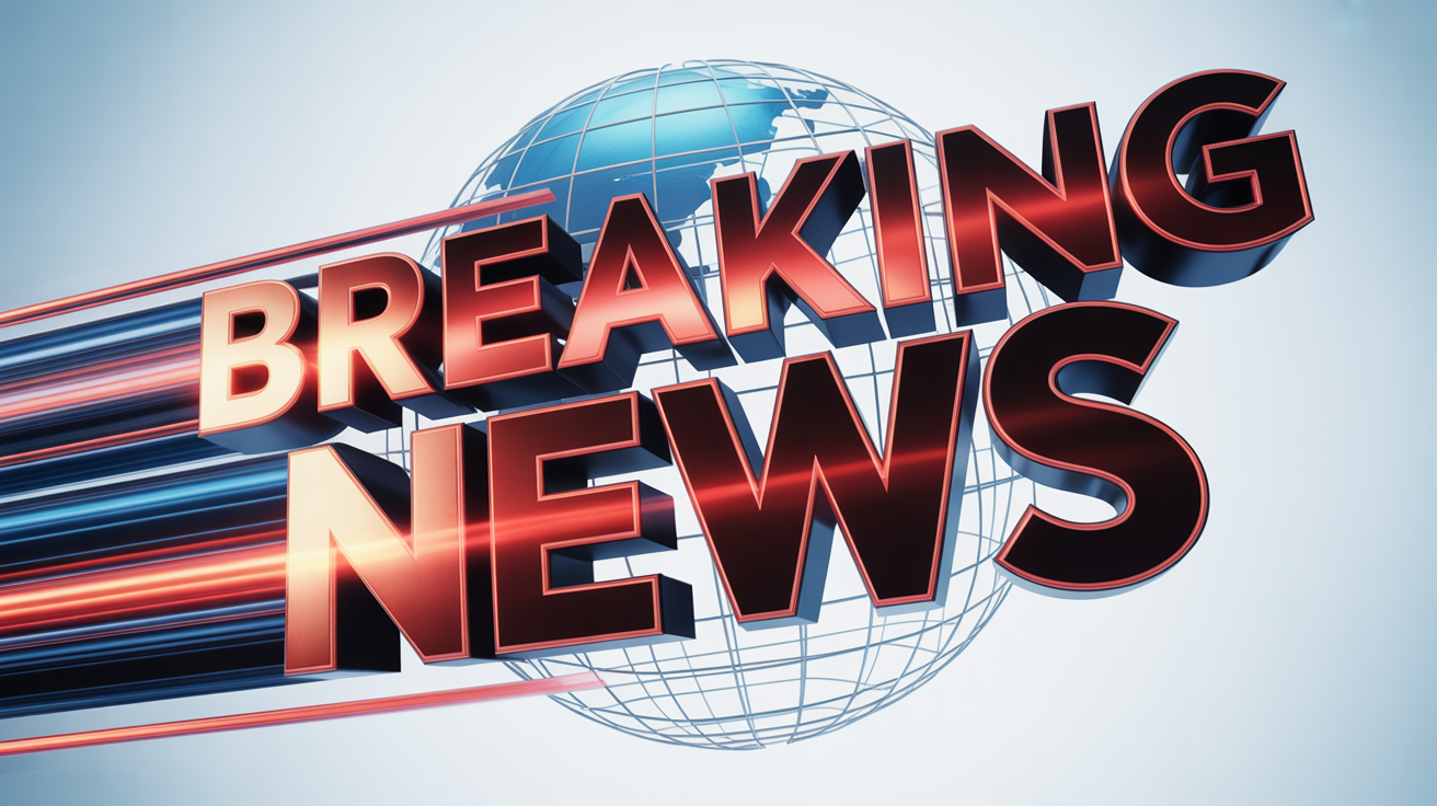 A professional 3D graphic for a breaking news animation, showing the words 'BREAKING NEWS' in bold red text in front of a rotating digital globe, all on a clean white background.