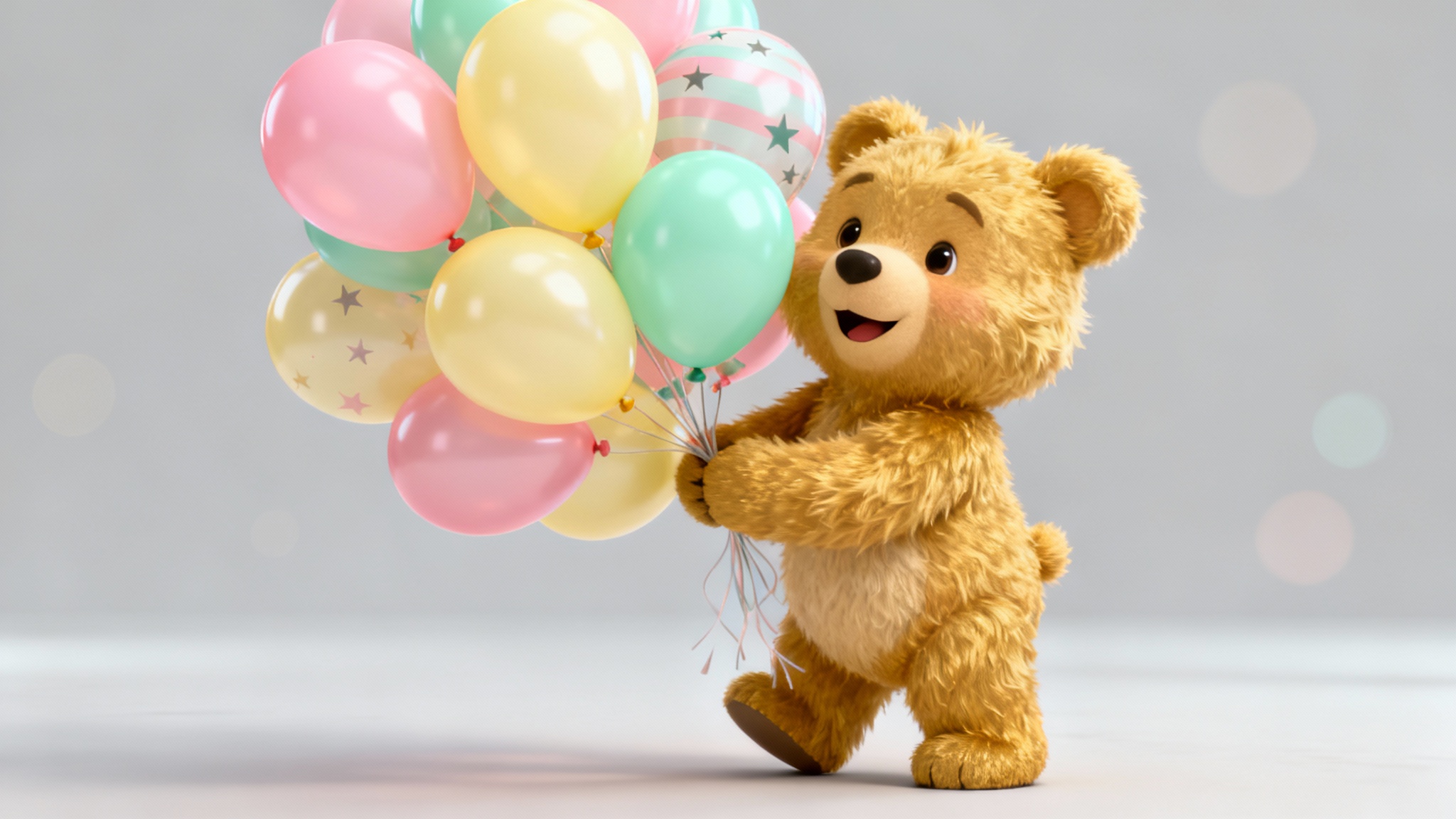 A photorealistic 3D rendering of a happy golden teddy bear holding a bunch of pastel pink, yellow, and green balloons against a clean studio background.