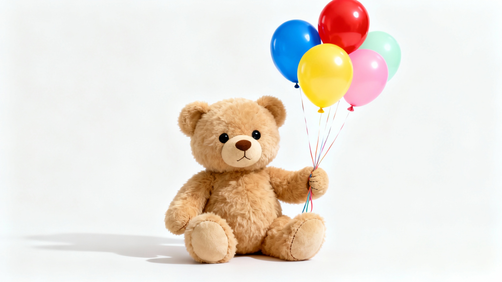 A fluffy brown teddy bear sitting on a white background, holding a bunch of colorful red, blue, yellow, and pink balloons.