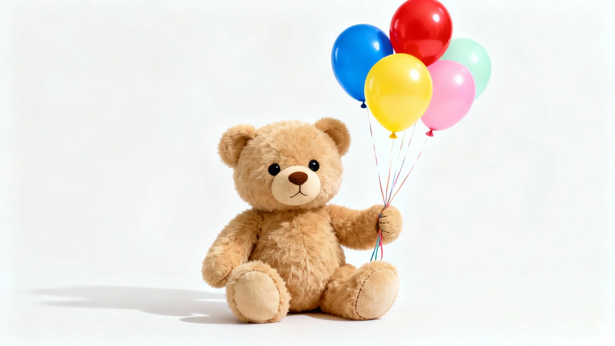 A fluffy brown teddy bear sitting on a white background, holding a bunch of colorful red, blue, yellow, and pink balloons.