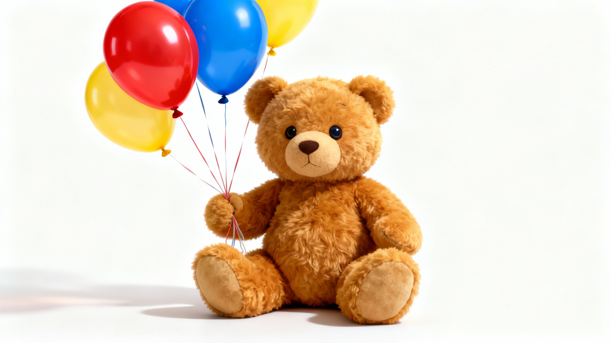 A photorealistic image of a fluffy brown teddy bear sitting on a white background, holding the strings to a bunch of red, blue, and yellow balloons.