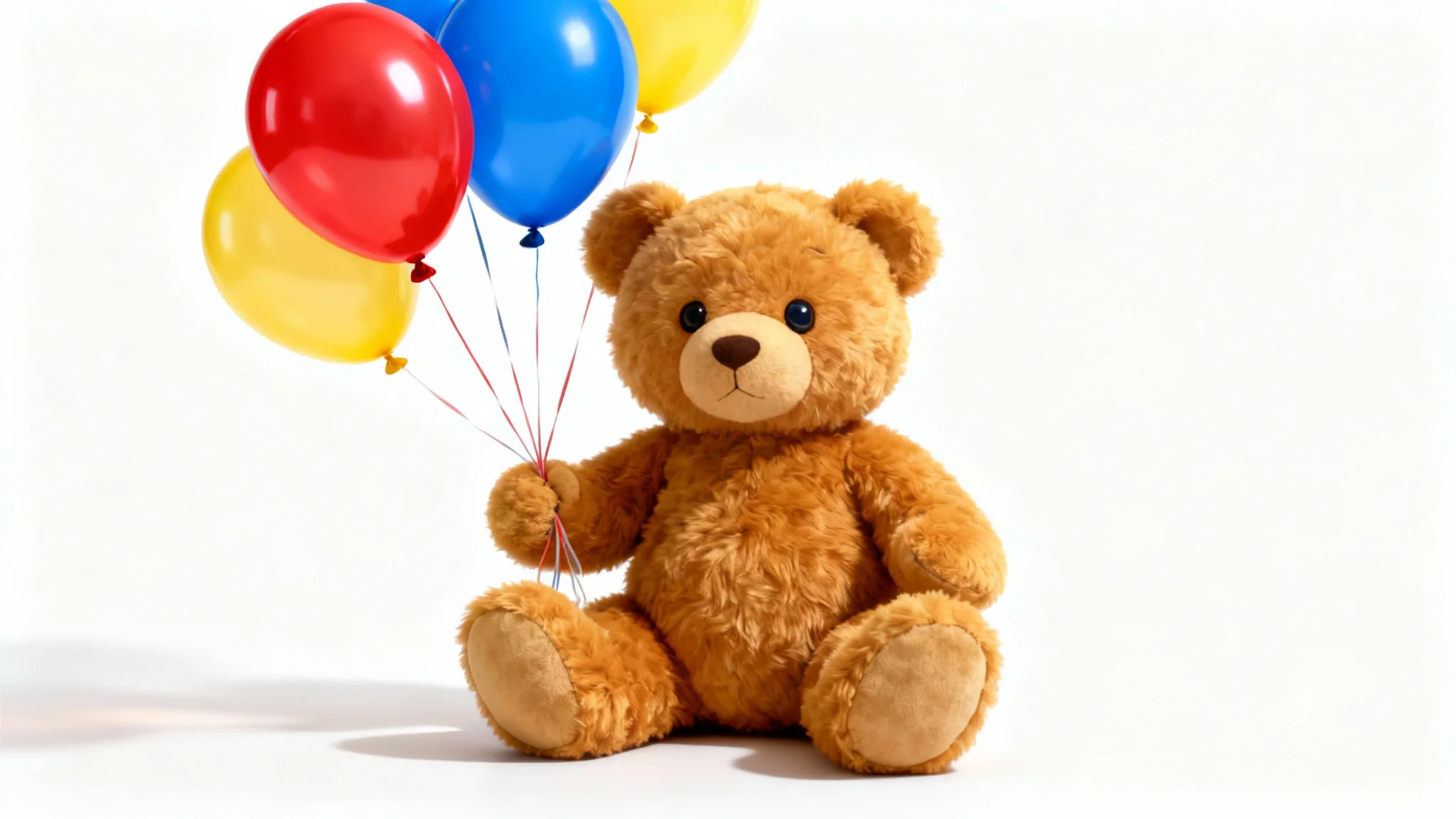 A photorealistic image of a fluffy brown teddy bear sitting on a white background, holding the strings to a bunch of red, blue, and yellow balloons.
