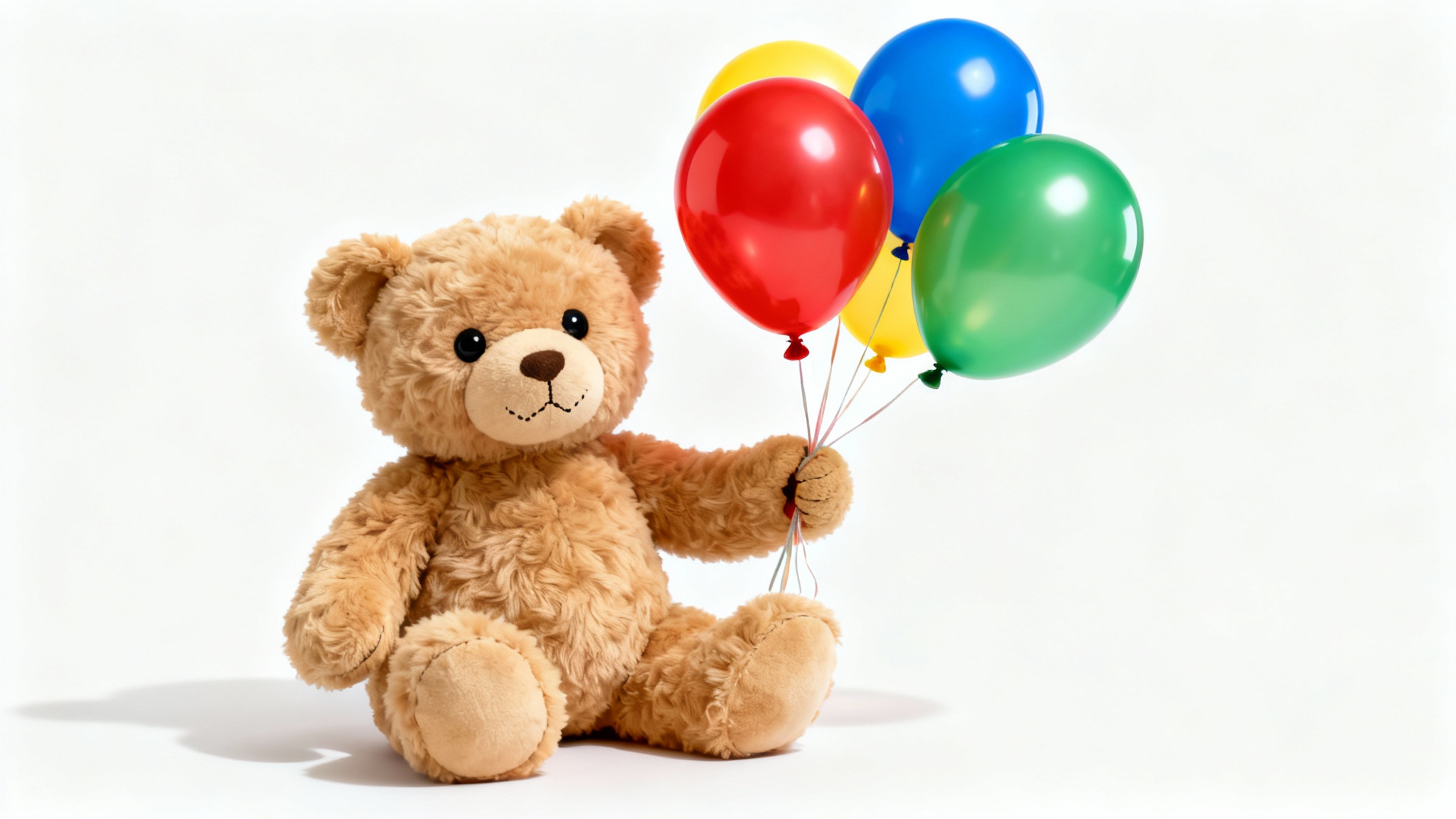 A fluffy brown teddy bear sits on a white background, holding a bunch of colorful red, blue, yellow, and green balloons.