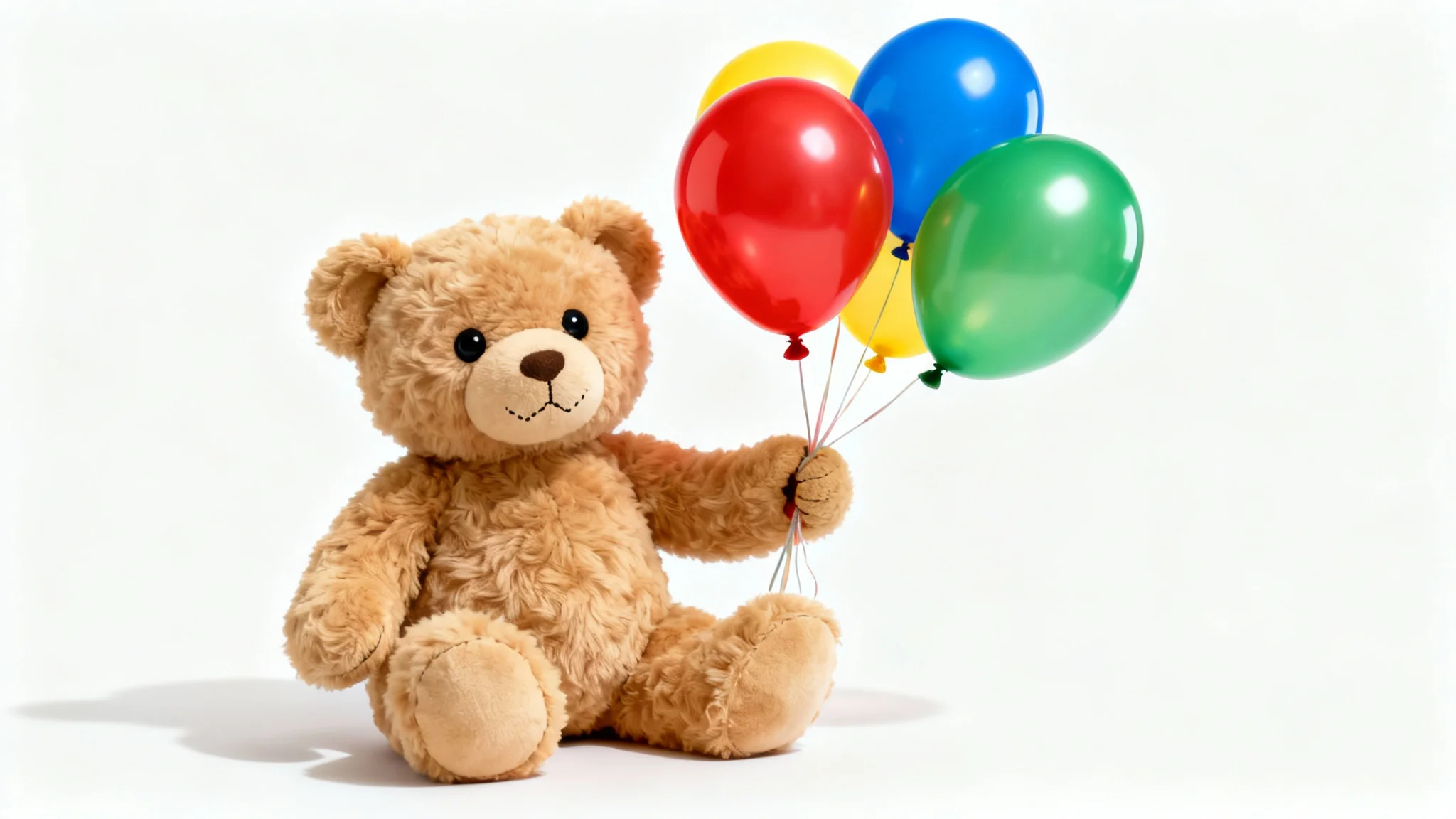 A fluffy brown teddy bear sits on a white background, holding a bunch of colorful red, blue, yellow, and green balloons.
