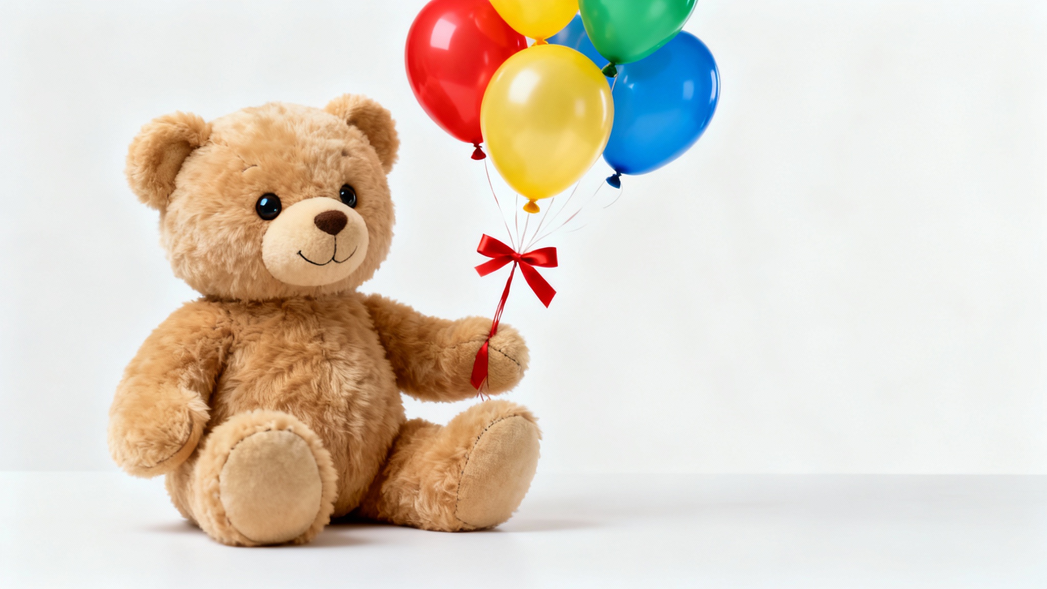A cute, light brown teddy bear sits on a white surface holding a bunch of colorful balloons against a clean white background.