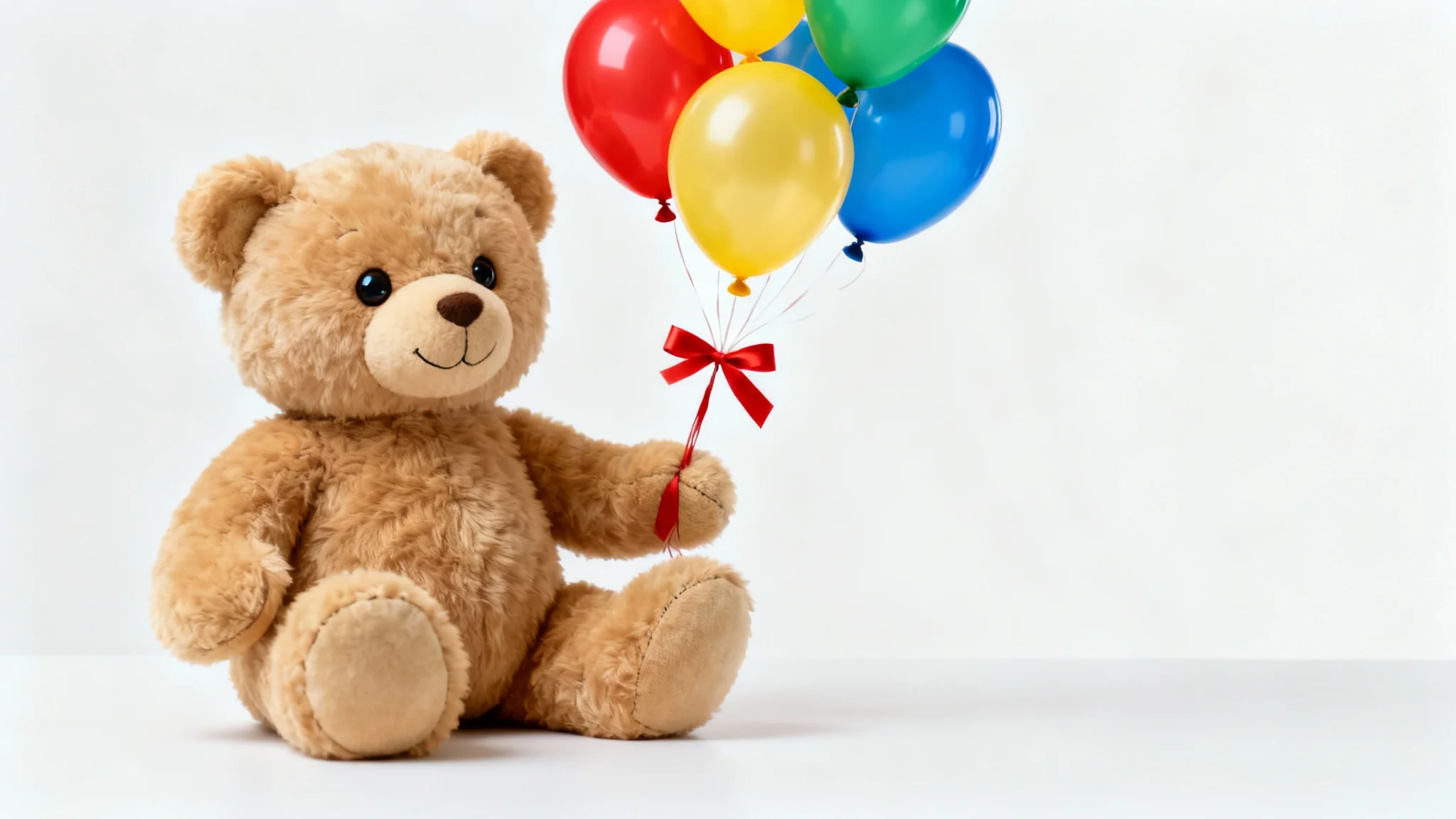 A cute, light brown teddy bear sits on a white surface holding a bunch of colorful balloons against a clean white background.