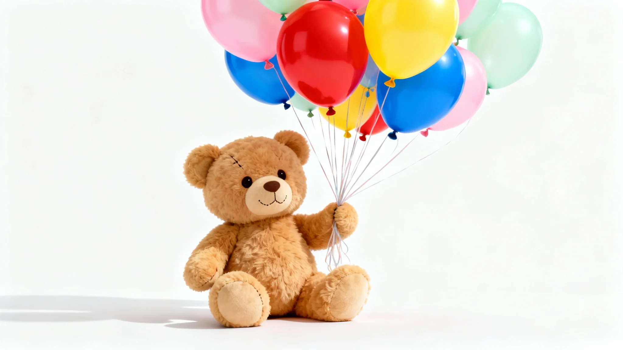 A cute, fluffy brown teddy bear sitting on a white background, holding the strings to a large, colorful bunch of balloons floating above it.
