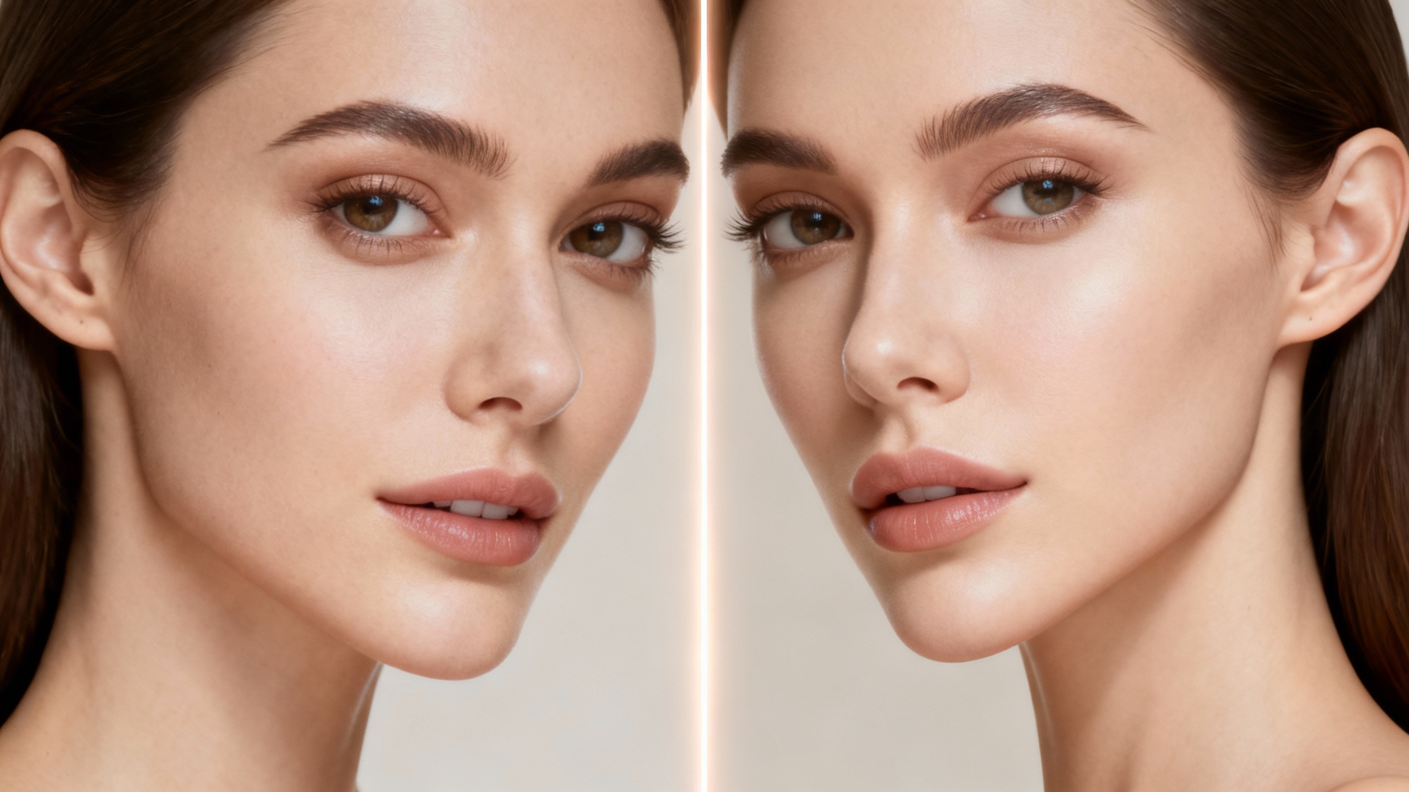 A close-up portrait of a woman's face split into a before-and-after view, showing the effect of a face shape changing tool to create a slimmer jawline.