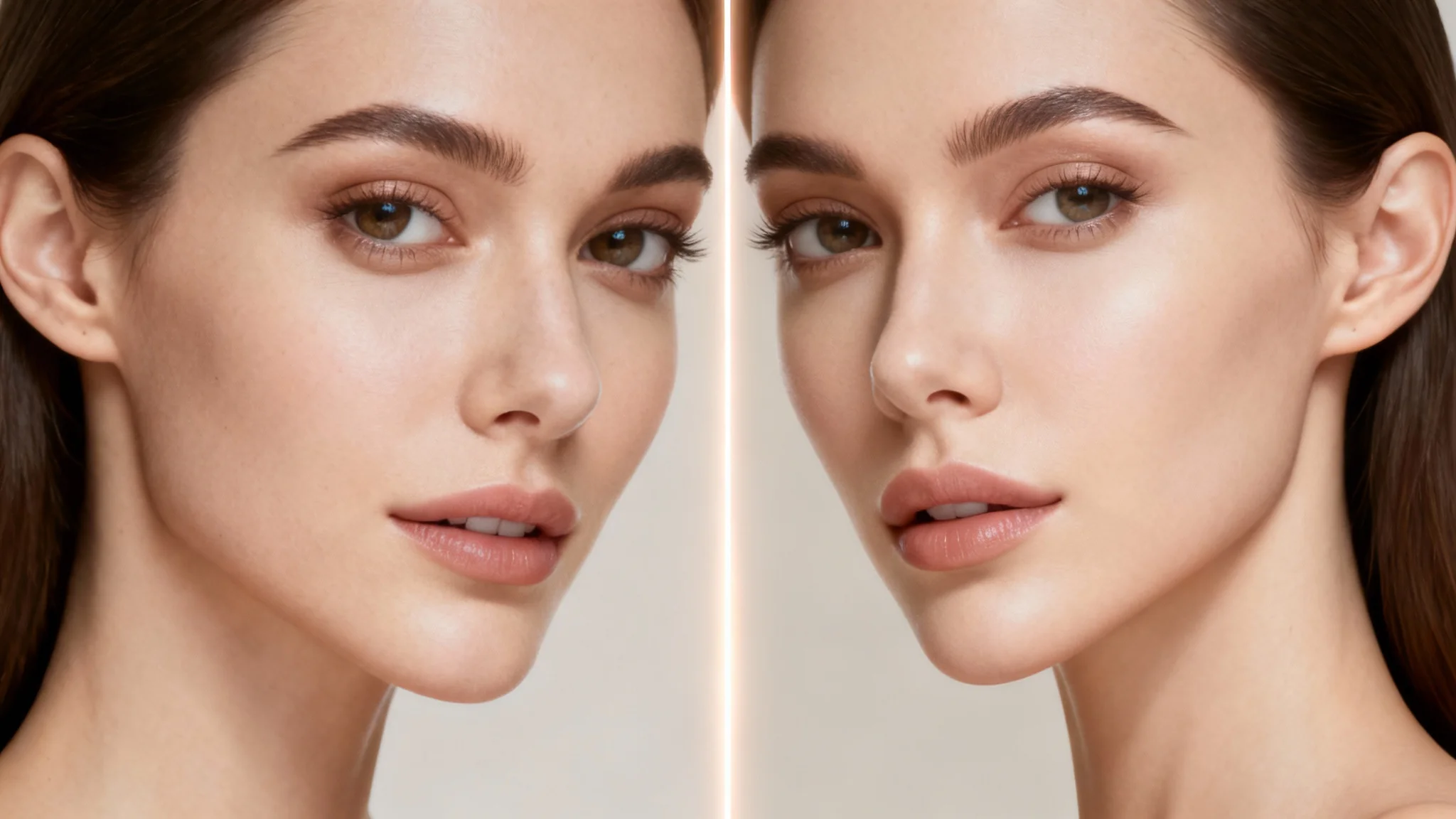 A close-up portrait of a woman's face split into a before-and-after view, showing the effect of a face shape changing tool to create a slimmer jawline.