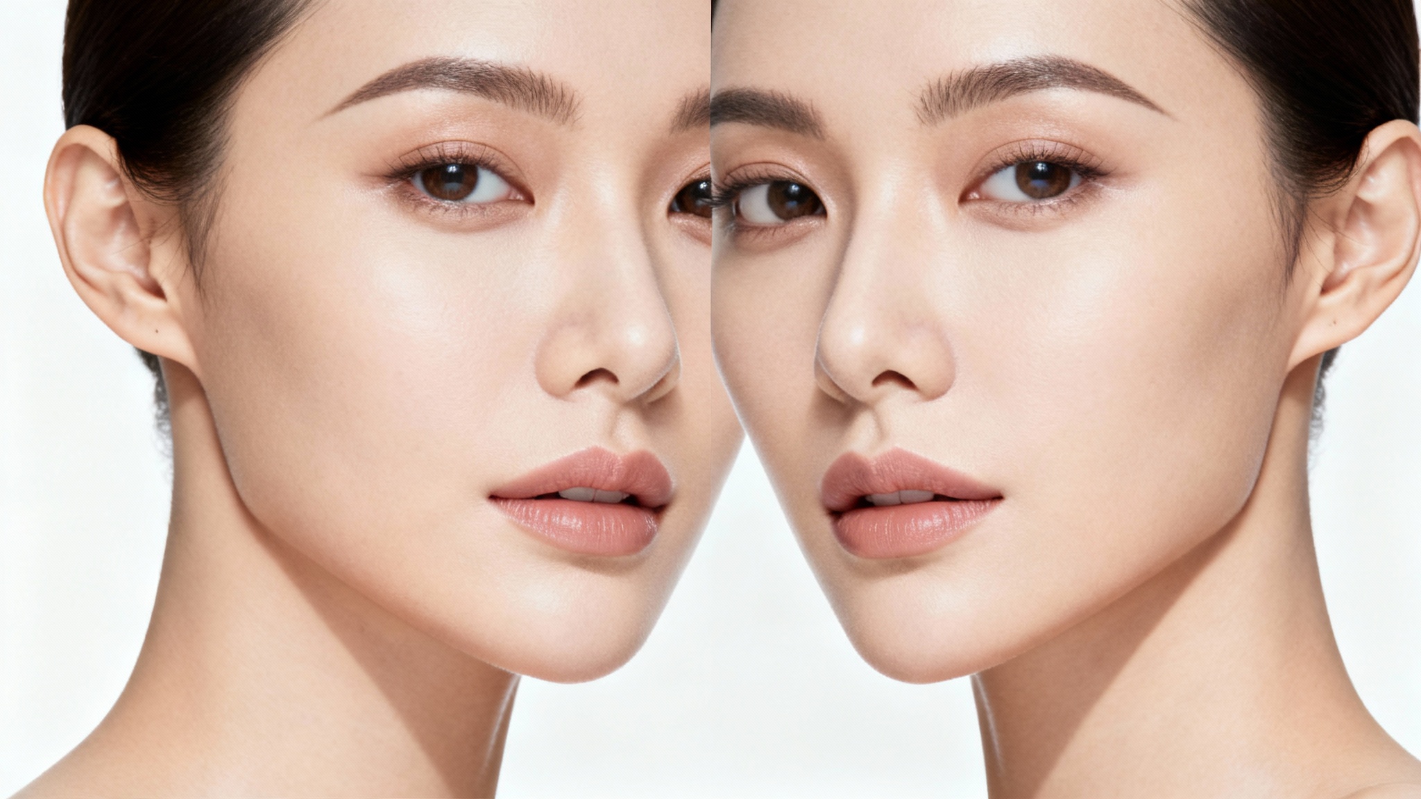 A conceptual beauty portrait of a woman whose face is subtly divided to show two different jaw shapes, one soft and round, the other sharp and defined against a clean white background.