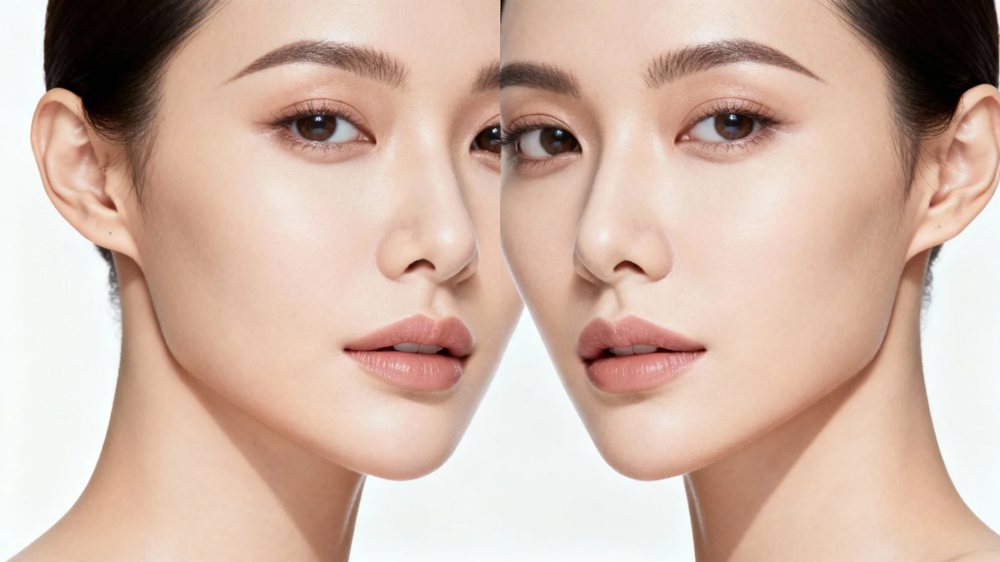 A conceptual beauty portrait of a woman whose face is subtly divided to show two different jaw shapes, one soft and round, the other sharp and defined against a clean white background.