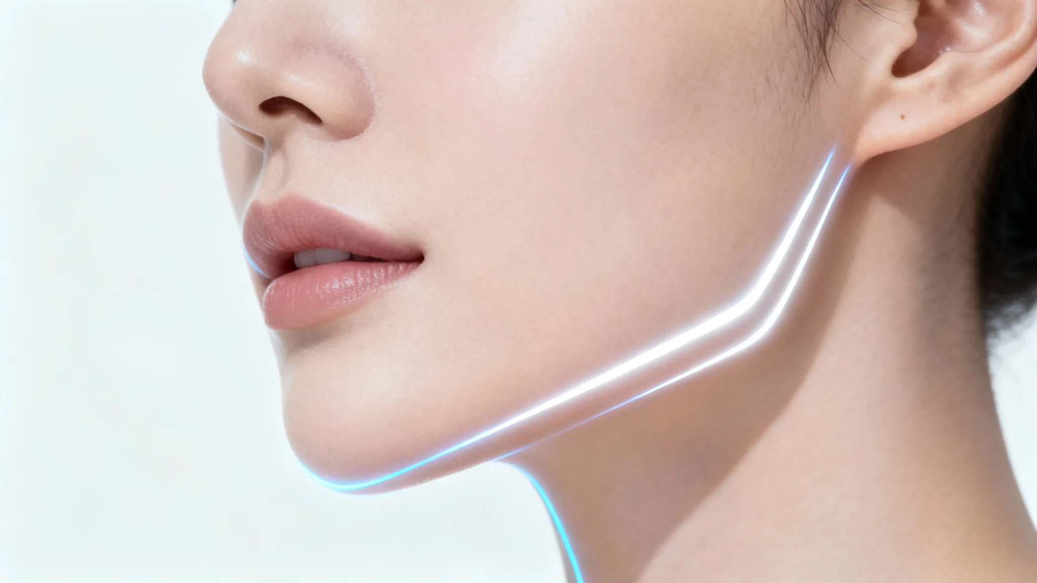 A close-up portrait illustrating a change in face shape, with glowing lines showing the transition from a rounder jaw to a sharper, more sculpted one on a clean white background.