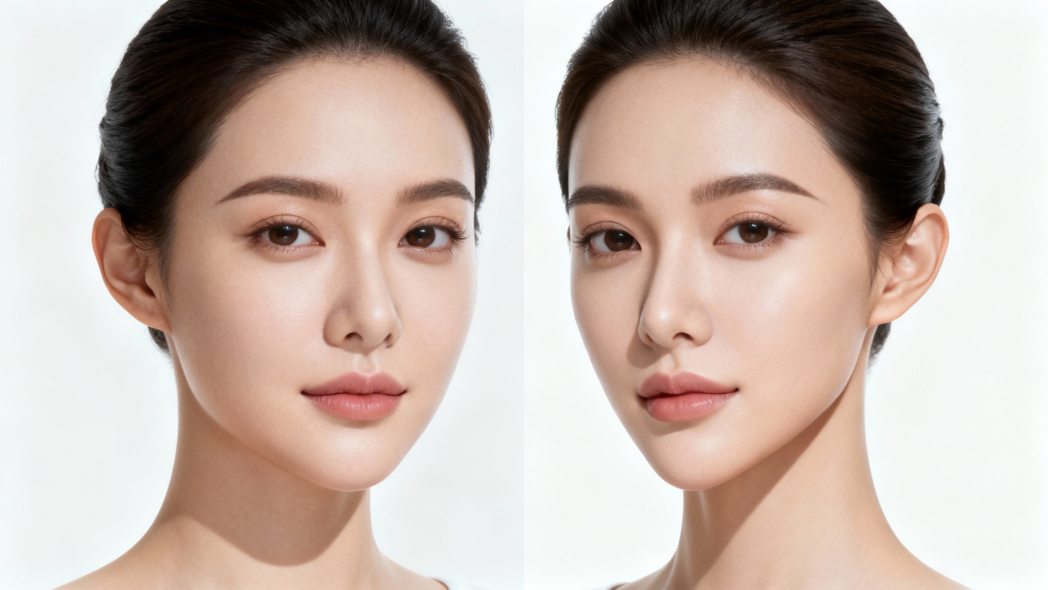 A split-screen portrait of a woman demonstrating a change in face shape, with a rounder face on the left and a more sculpted, v-shaped jawline on the right, on a clean white background.