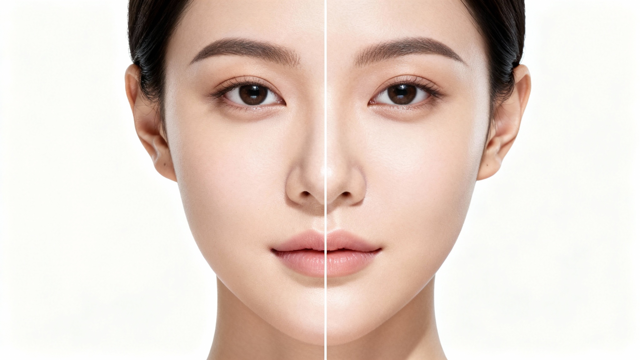 A close-up portrait of a woman's face split down the middle to show a before-and-after effect. The left side shows a rounder face shape, while the right side shows a more sculpted and defined jawline, illustrating a face shape change.