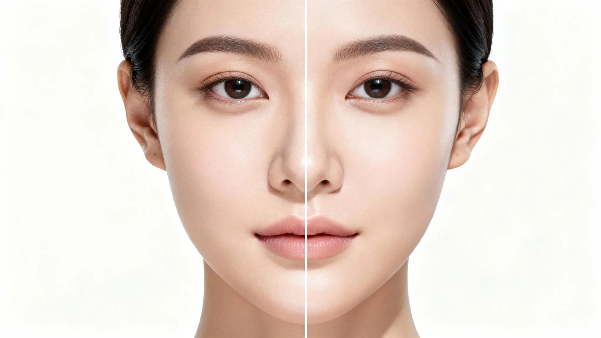 A close-up portrait of a woman's face split down the middle to show a before-and-after effect. The left side shows a rounder face shape, while the right side shows a more sculpted and defined jawline, illustrating a face shape change.